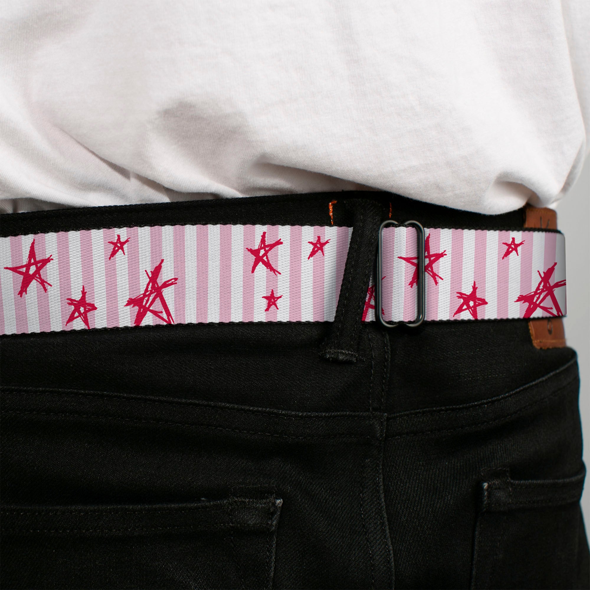 BD Wings Logo CLOSE-UP Full Color Black Silver Seatbelt Belt - Sketch Stars w/Stripes Pink/White/Fuchsia Webbing Seatbelt Belts Buckle-Down