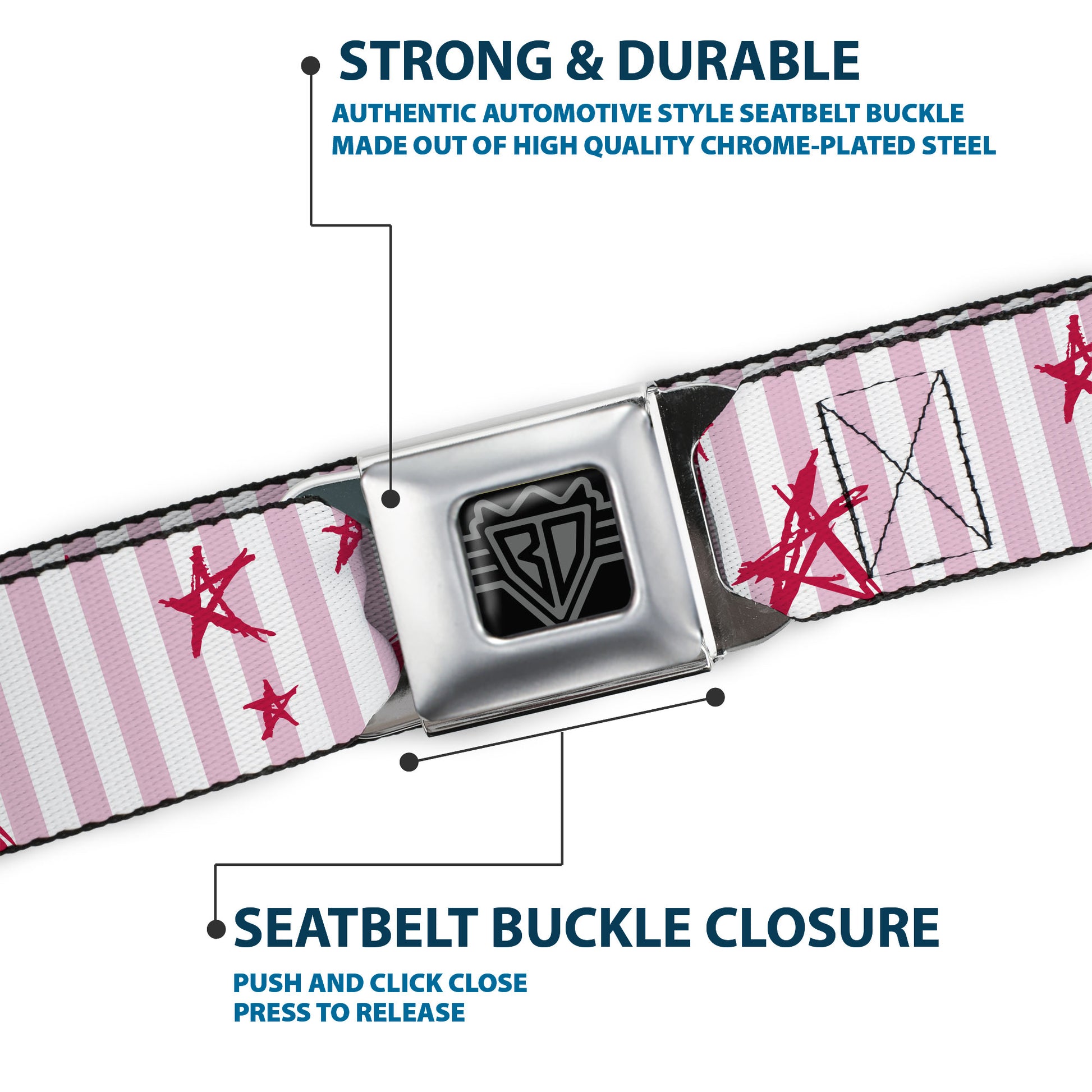 BD Wings Logo CLOSE-UP Full Color Black Silver Seatbelt Belt - Sketch Stars w/Stripes Pink/White/Fuchsia Webbing Seatbelt Belts Buckle-Down
