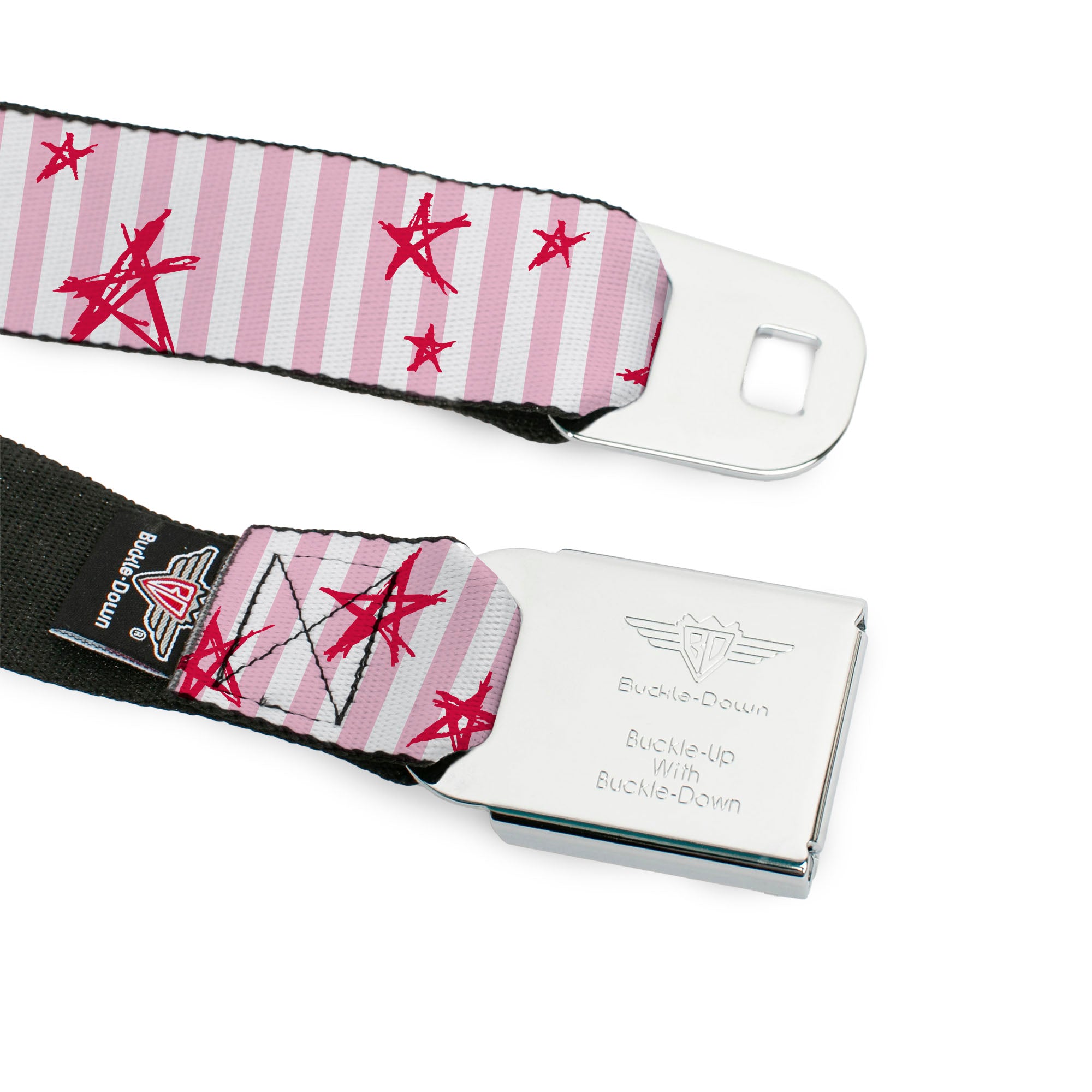 BD Wings Logo CLOSE-UP Full Color Black Silver Seatbelt Belt - Sketch Stars w/Stripes Pink/White/Fuchsia Webbing Seatbelt Belts Buckle-Down