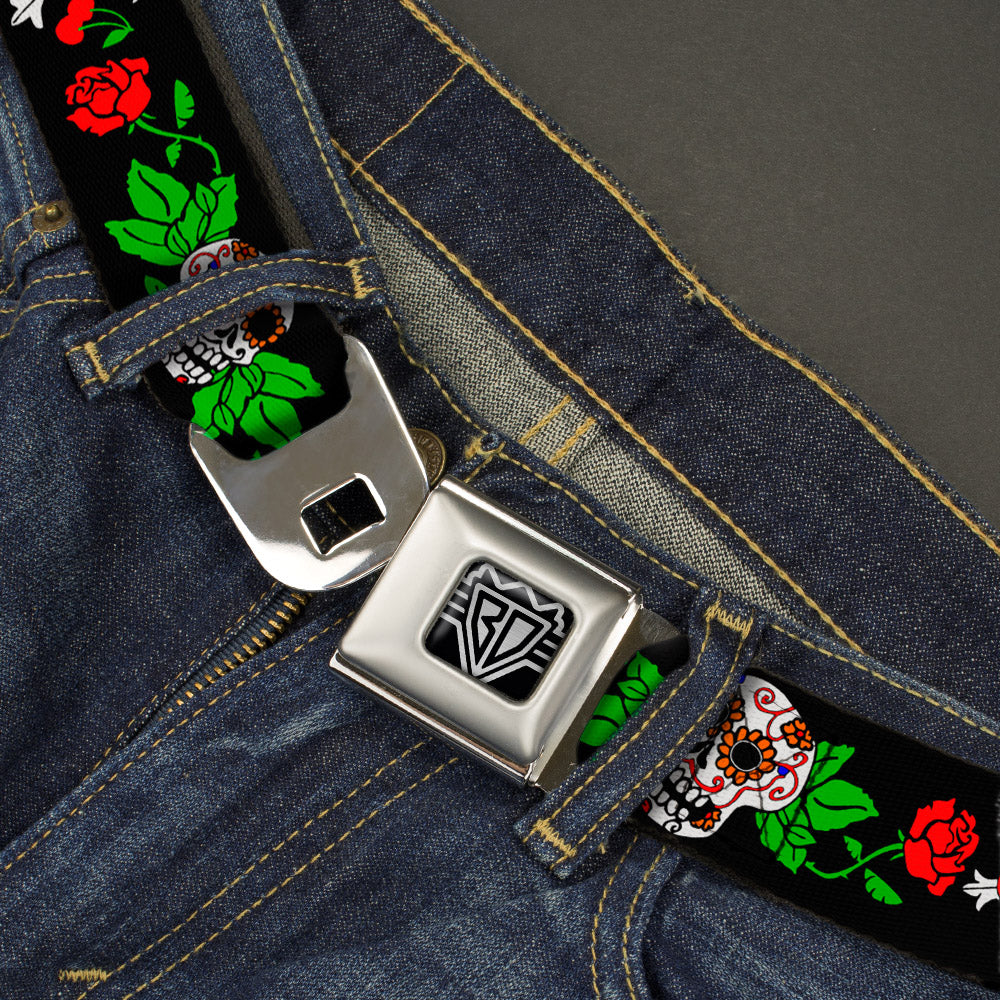 BD Wings Logo CLOSE-UP Full Color Black Silver Seatbelt Belt - Sugar Skull w/Roses & Heart Webbing Seatbelt Belts Buckle-Down