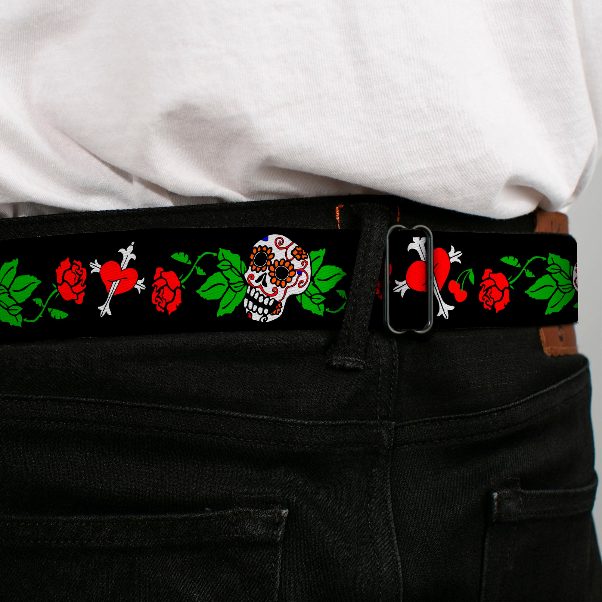 BD Wings Logo CLOSE-UP Full Color Black Silver Seatbelt Belt - Sugar Skull w/Roses & Heart Webbing Seatbelt Belts Buckle-Down