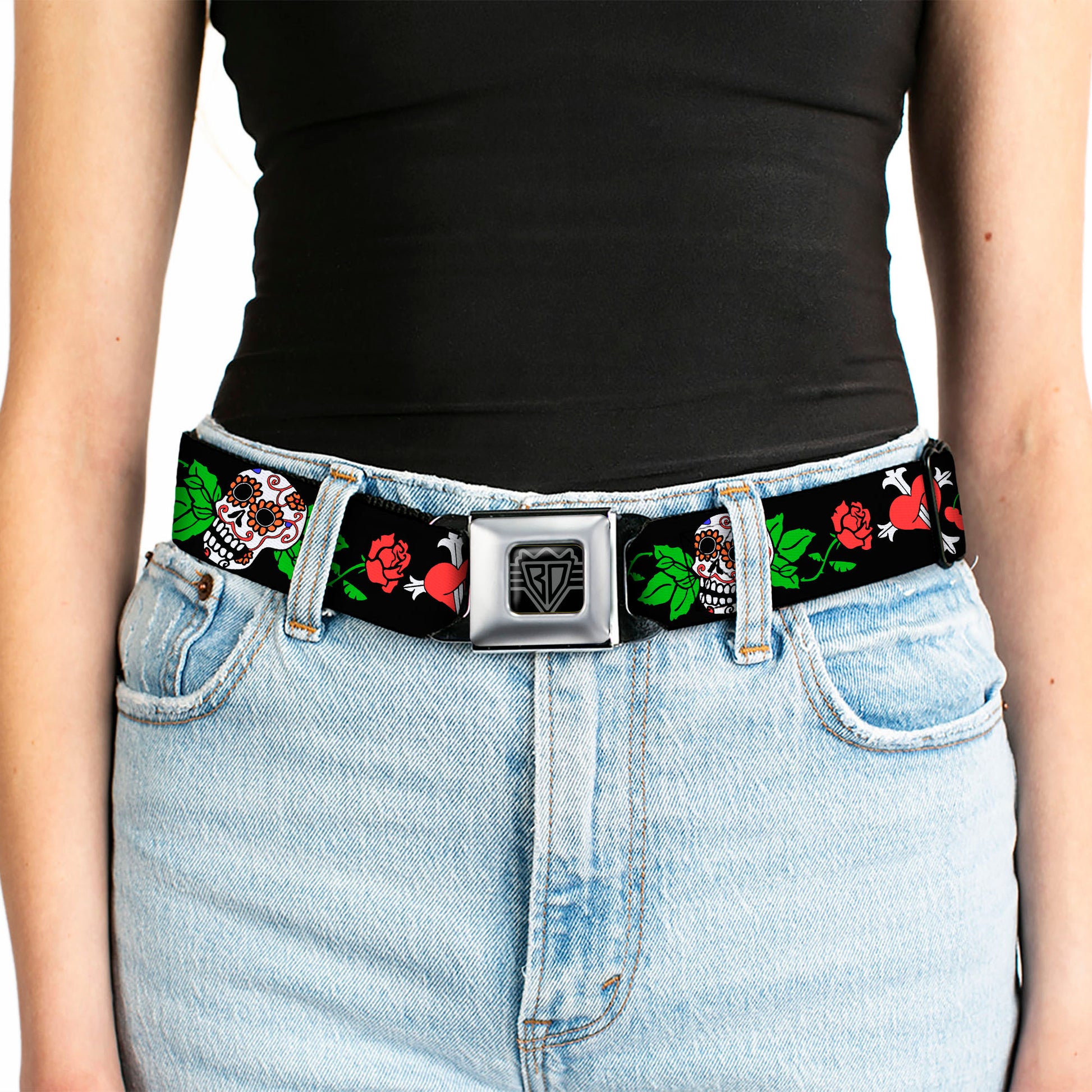 BD Wings Logo CLOSE-UP Full Color Black Silver Seatbelt Belt - Sugar Skull w/Roses & Heart Webbing Seatbelt Belts Buckle-Down