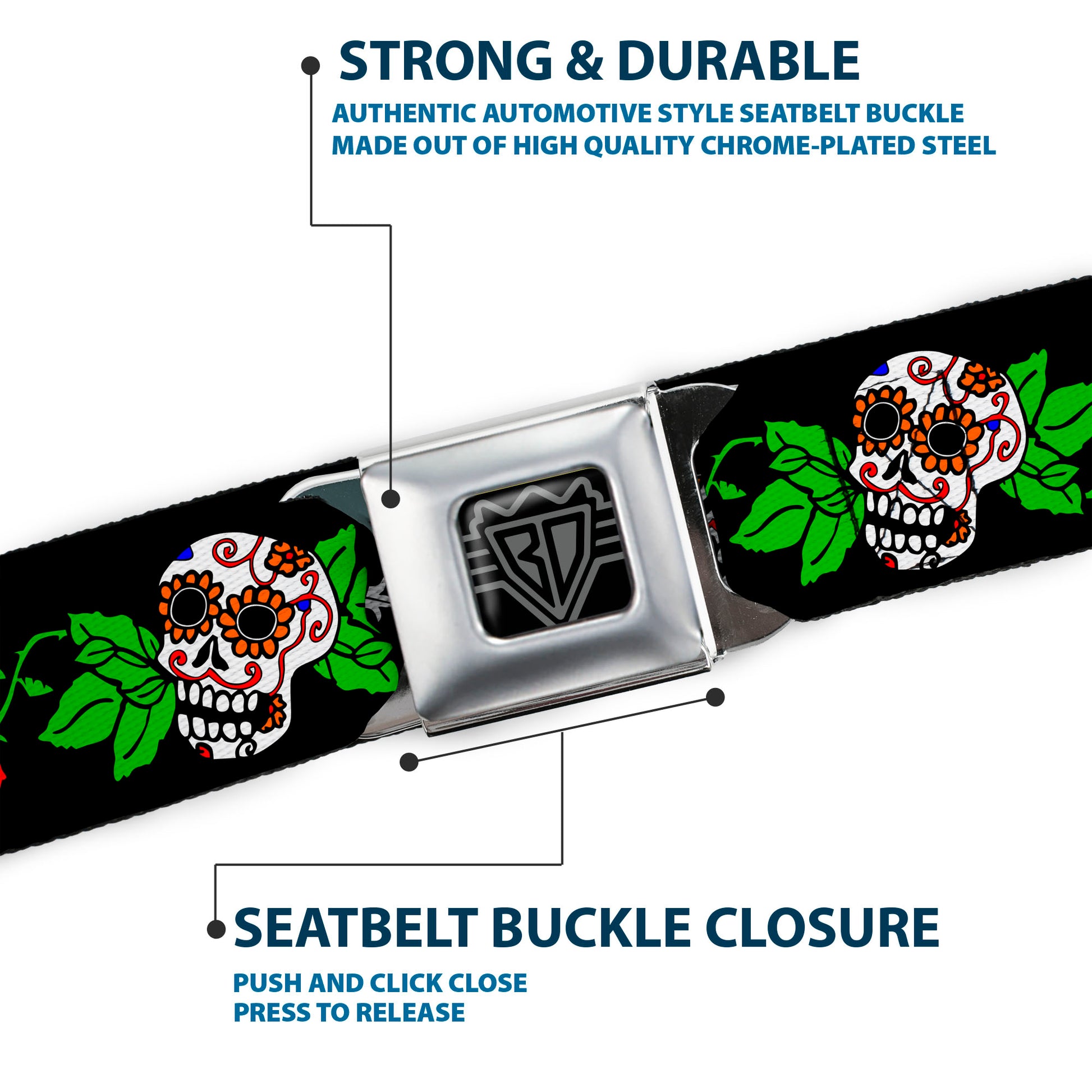 BD Wings Logo CLOSE-UP Full Color Black Silver Seatbelt Belt - Sugar Skull w/Roses & Heart Webbing Seatbelt Belts Buckle-Down