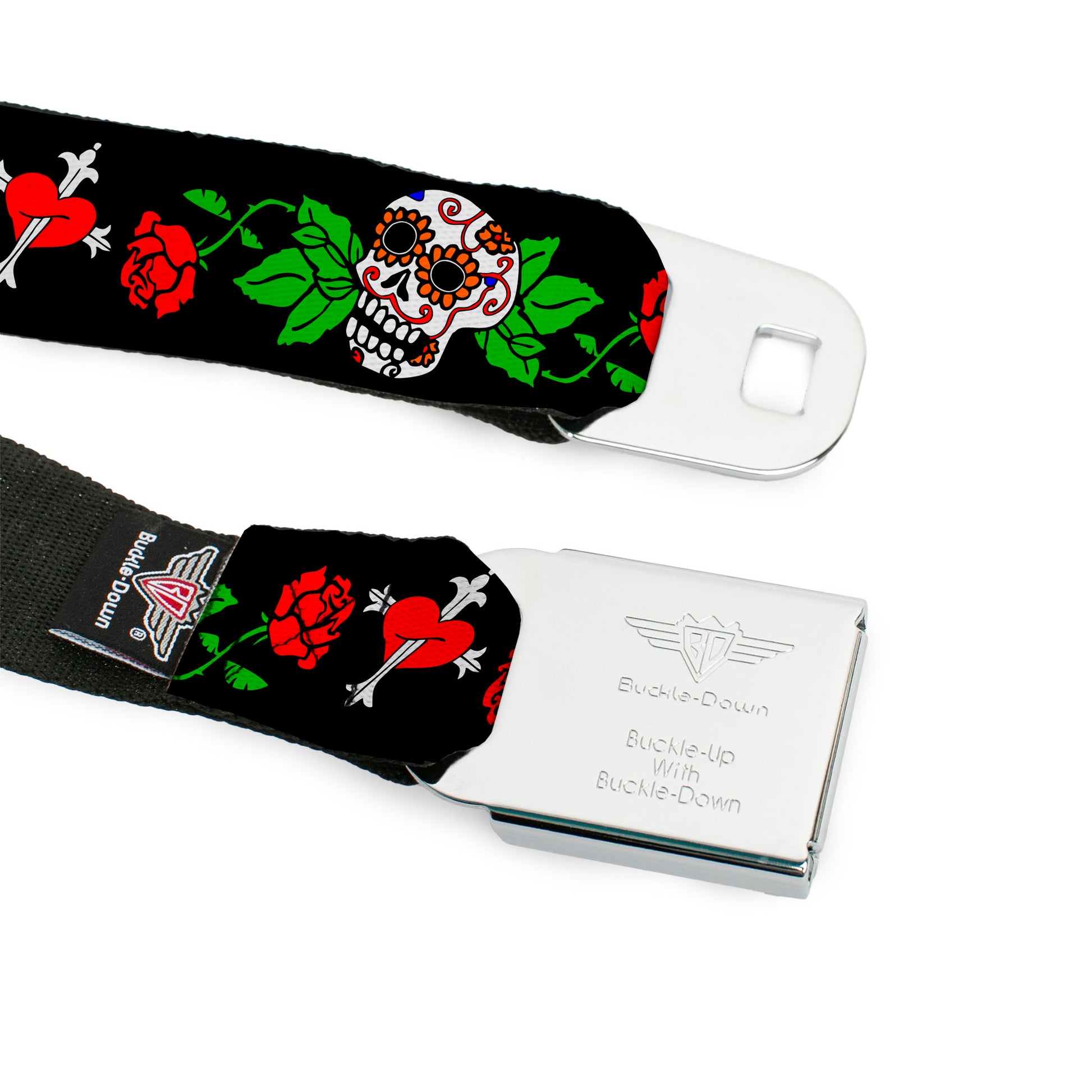 BD Wings Logo CLOSE-UP Full Color Black Silver Seatbelt Belt - Sugar Skull w/Roses & Heart Webbing Seatbelt Belts Buckle-Down