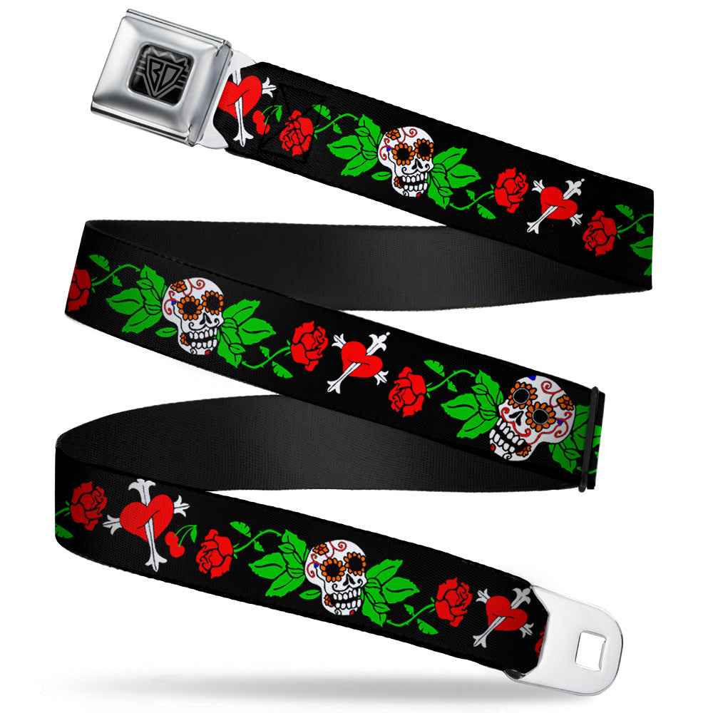 BD Wings Logo CLOSE-UP Full Color Black Silver Seatbelt Belt - Sugar Skull w/Roses & Heart Webbing Seatbelt Belts Buckle-Down