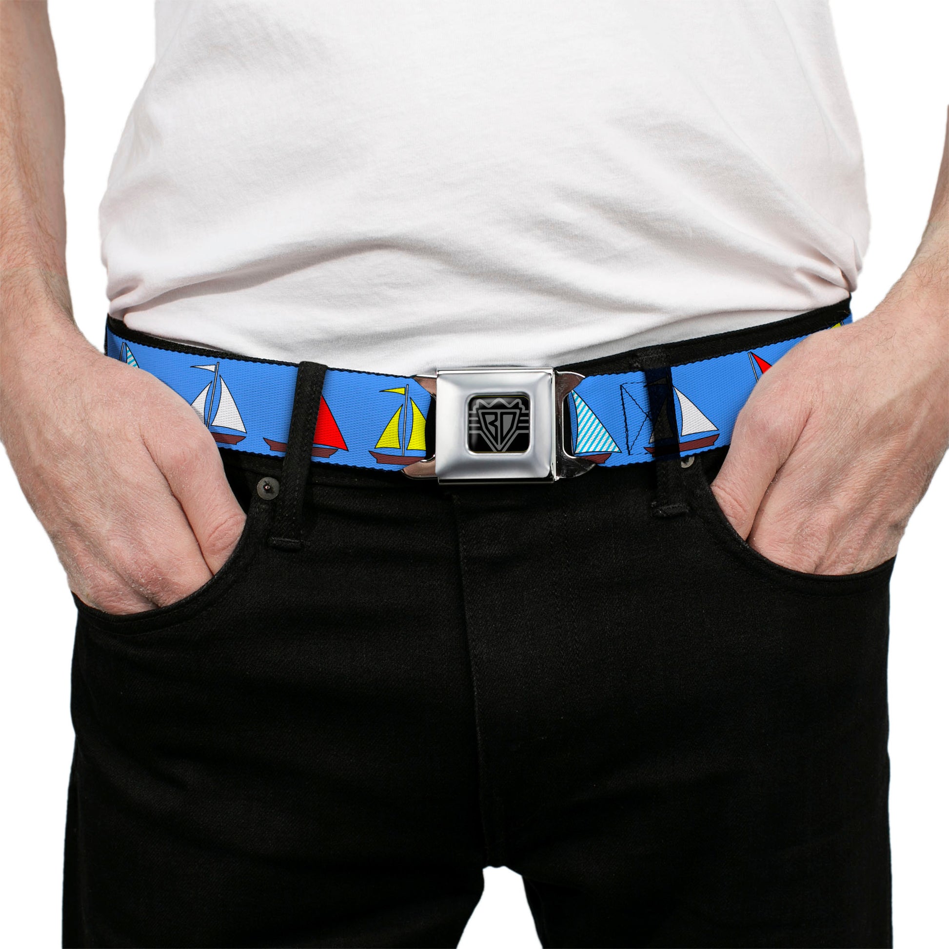 BD Wings Logo CLOSE-UP Full Color Black Silver Seatbelt Belt - Sailboats Blue Webbing Seatbelt Belts Buckle-Down