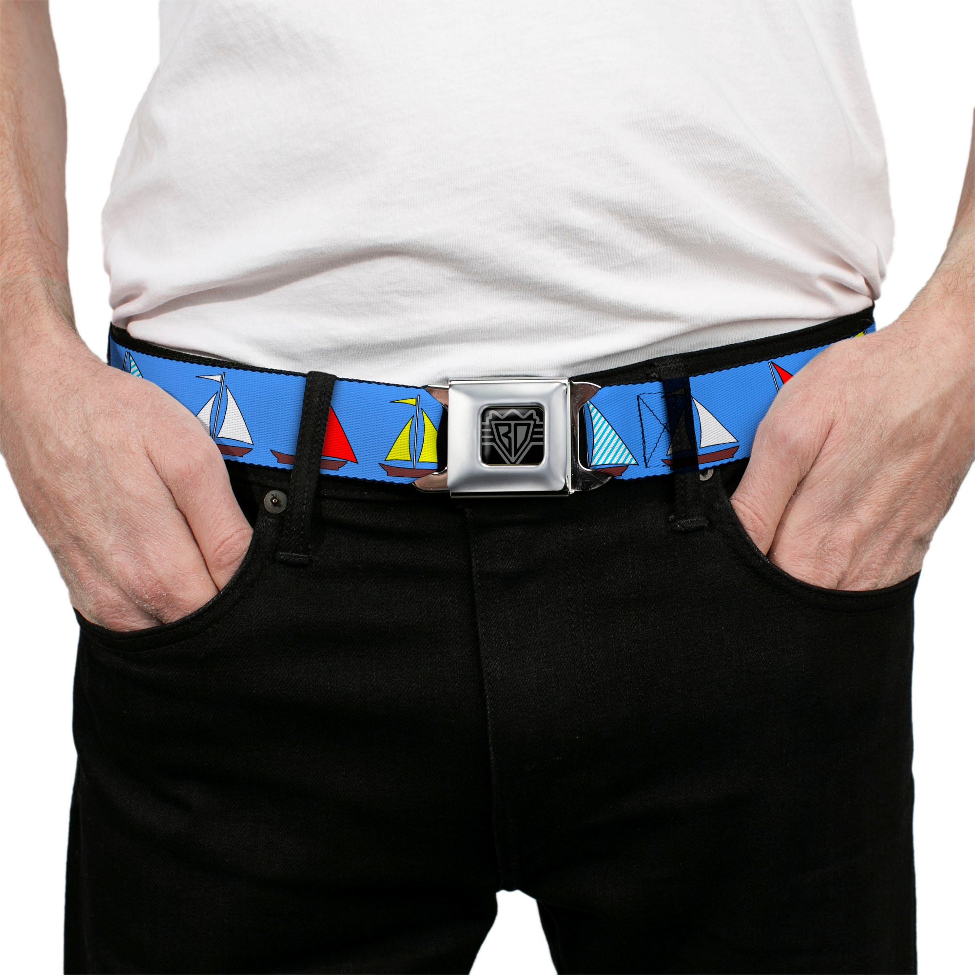 BD Wings Logo CLOSE-UP Full Color Black Silver Seatbelt Belt - Sailboats Blue Webbing Seatbelt Belts Buckle-Down