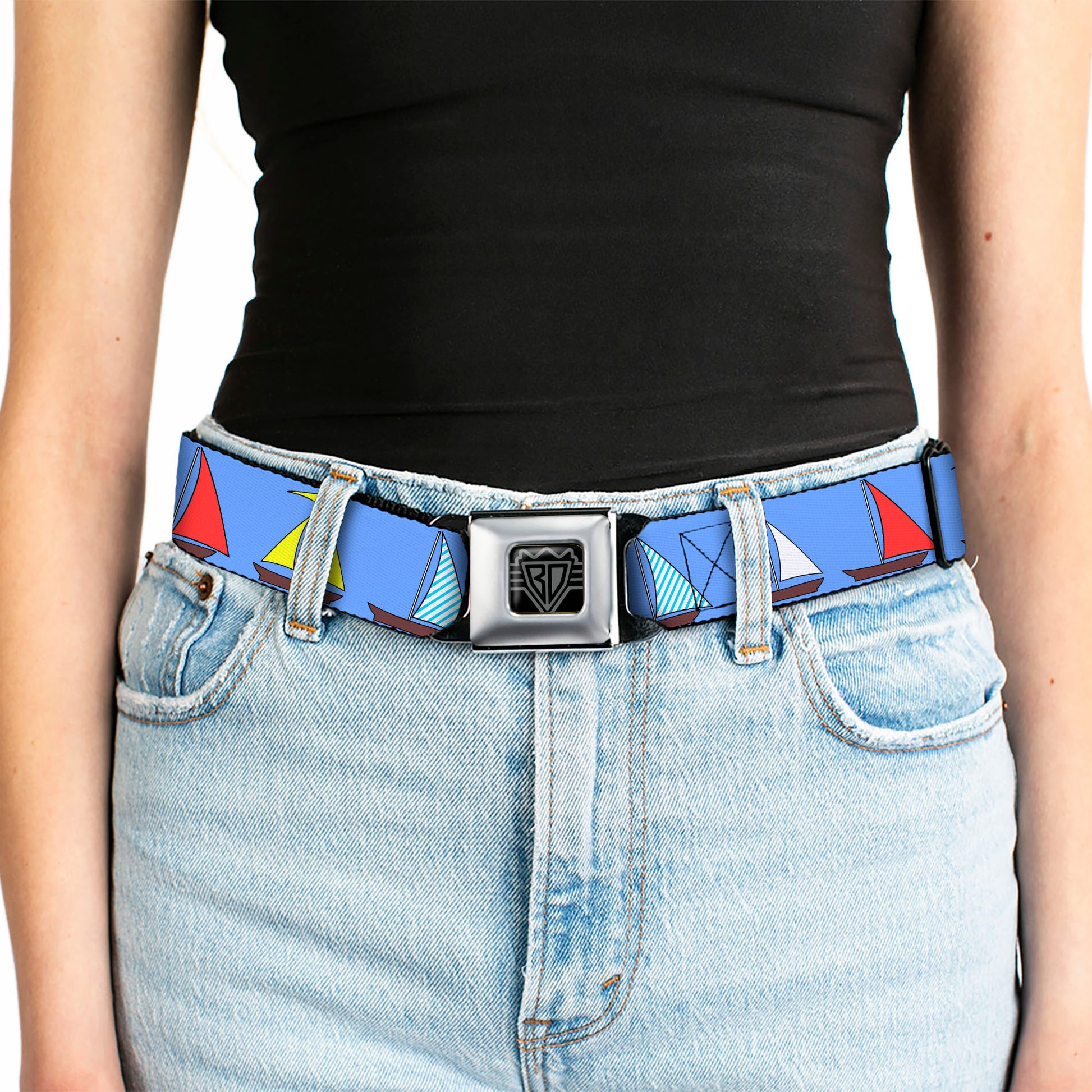 BD Wings Logo CLOSE-UP Full Color Black Silver Seatbelt Belt - Sailboats Blue Webbing Seatbelt Belts Buckle-Down