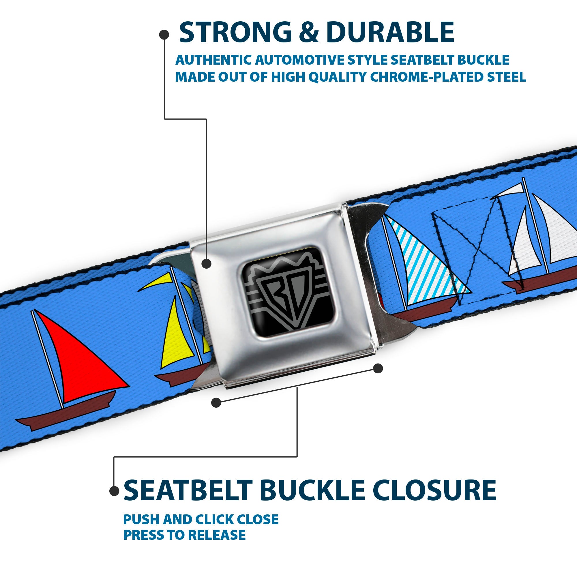 BD Wings Logo CLOSE-UP Full Color Black Silver Seatbelt Belt - Sailboats Blue Webbing Seatbelt Belts Buckle-Down