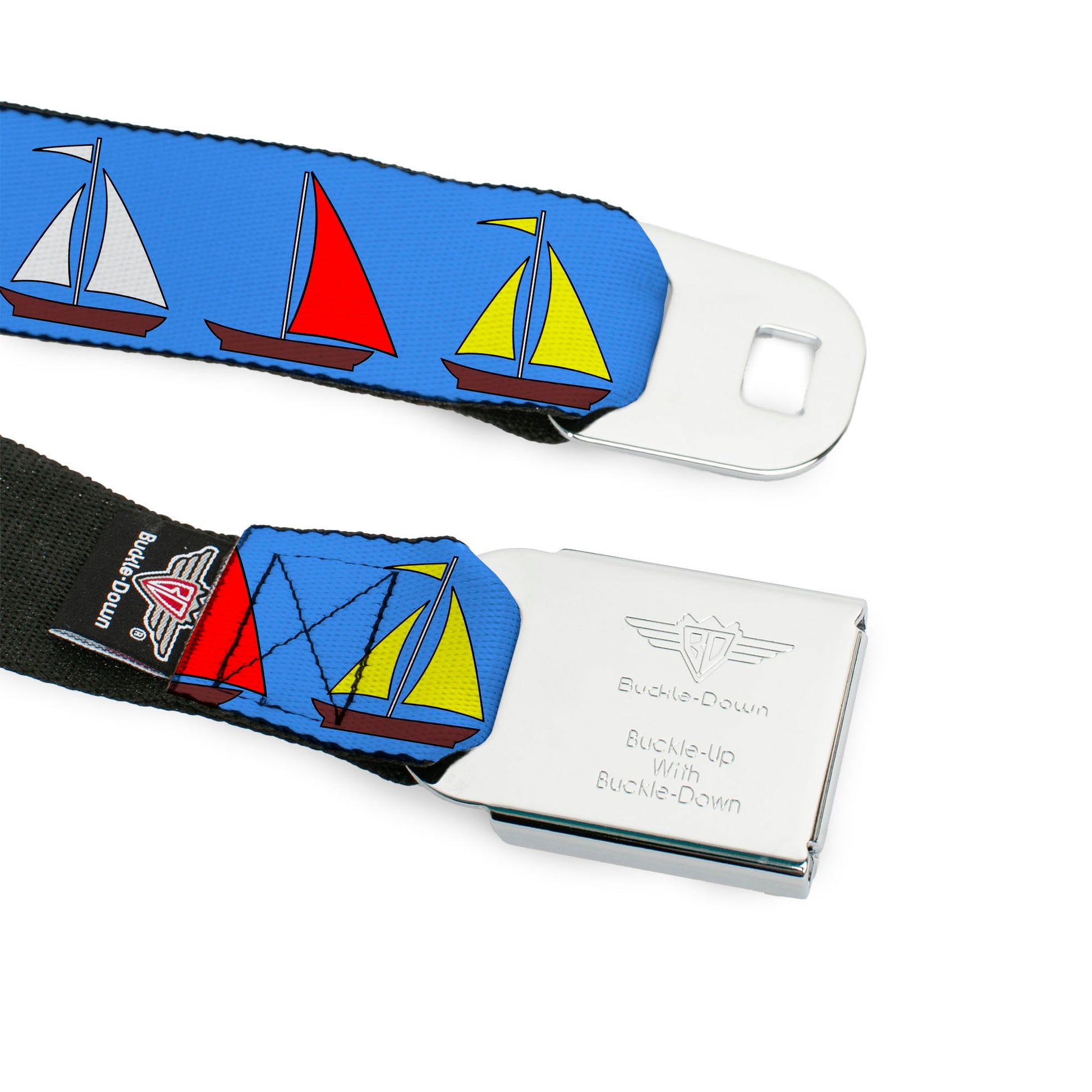 BD Wings Logo CLOSE-UP Full Color Black Silver Seatbelt Belt - Sailboats Blue Webbing Seatbelt Belts Buckle-Down