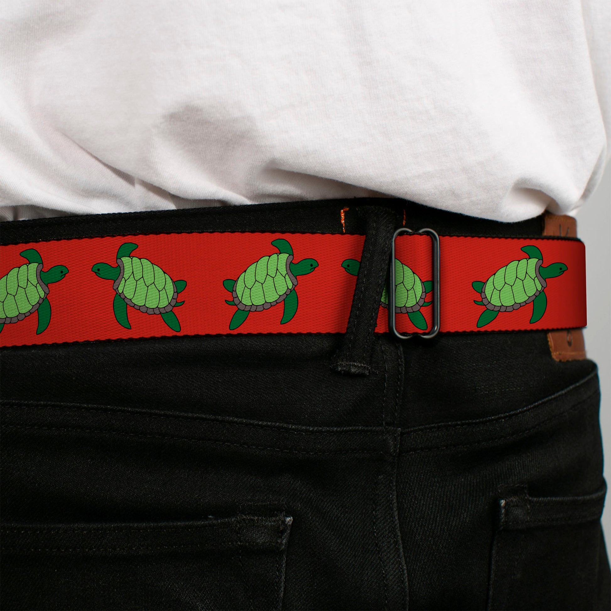BD Wings Logo CLOSE-UP Full Color Black Silver Seatbelt Belt - Sea Turtles Red/Green Webbing Seatbelt Belts Buckle-Down