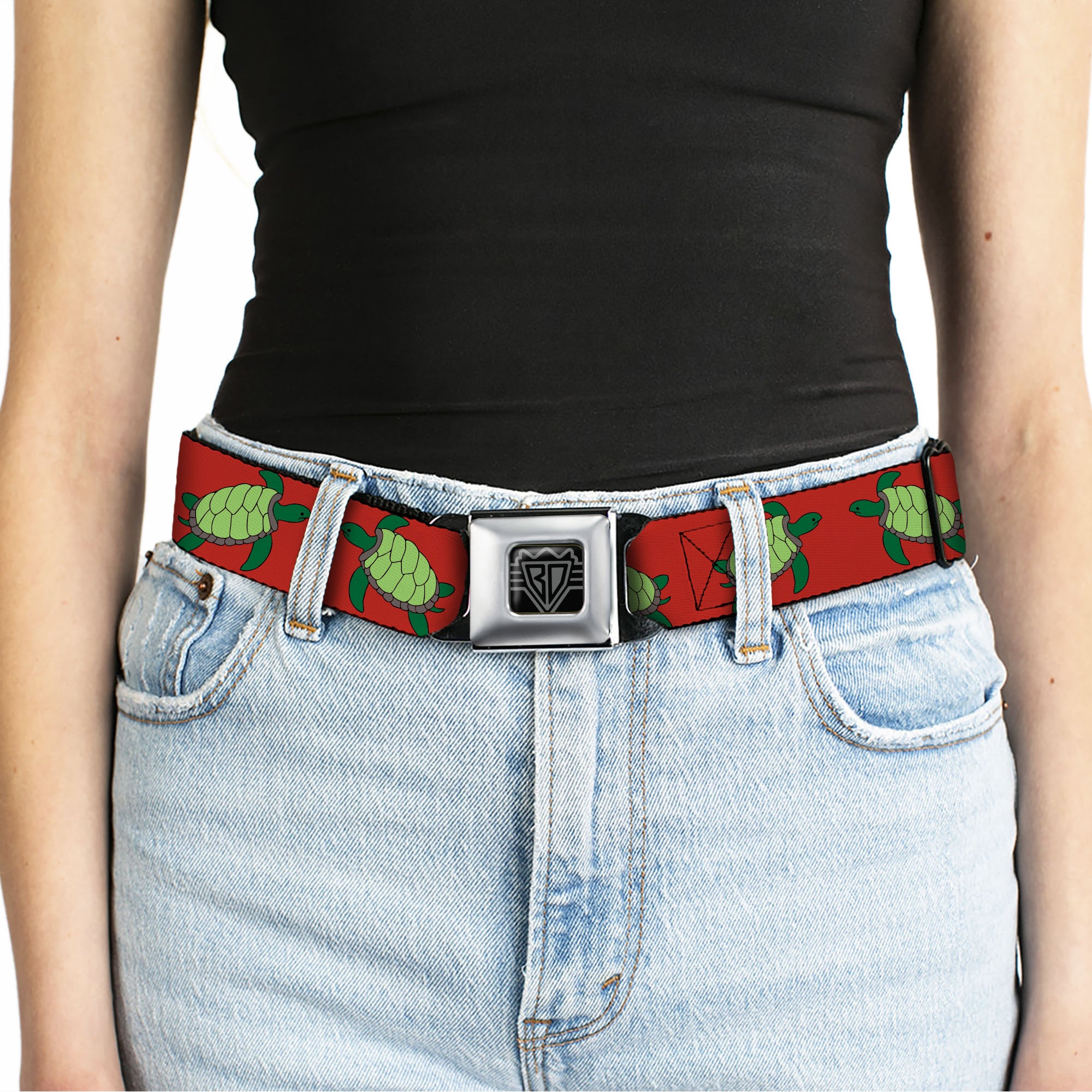 BD Wings Logo CLOSE-UP Full Color Black Silver Seatbelt Belt - Sea Turtles Red/Green Webbing Seatbelt Belts Buckle-Down