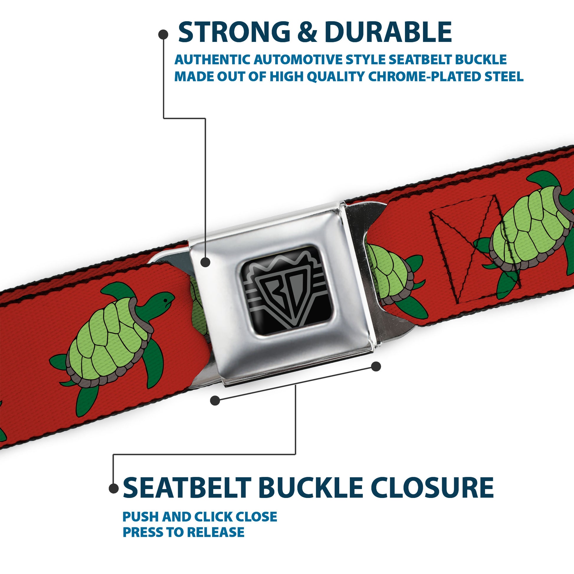 BD Wings Logo CLOSE-UP Full Color Black Silver Seatbelt Belt - Sea Turtles Red/Green Webbing Seatbelt Belts Buckle-Down