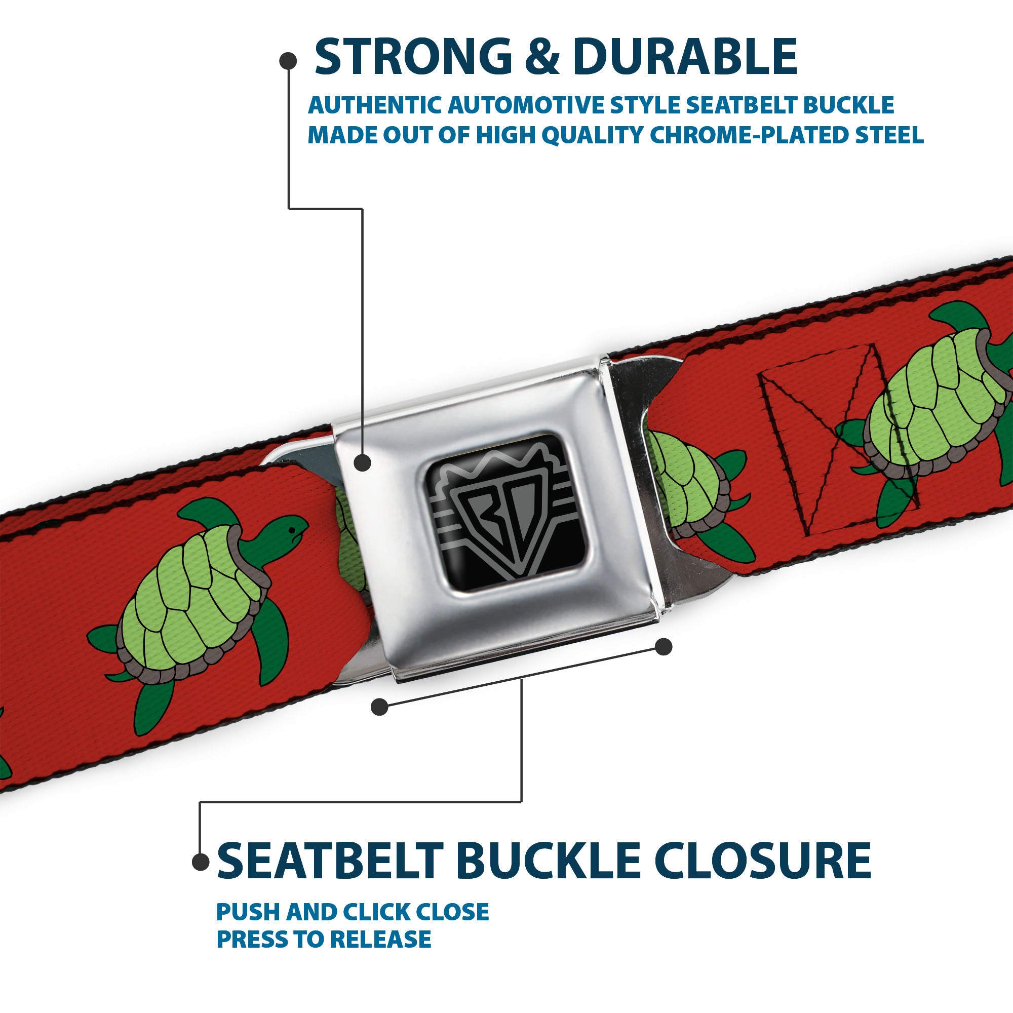 BD Wings Logo CLOSE-UP Full Color Black Silver Seatbelt Belt - Sea Turtles Red/Green Webbing Seatbelt Belts Buckle-Down