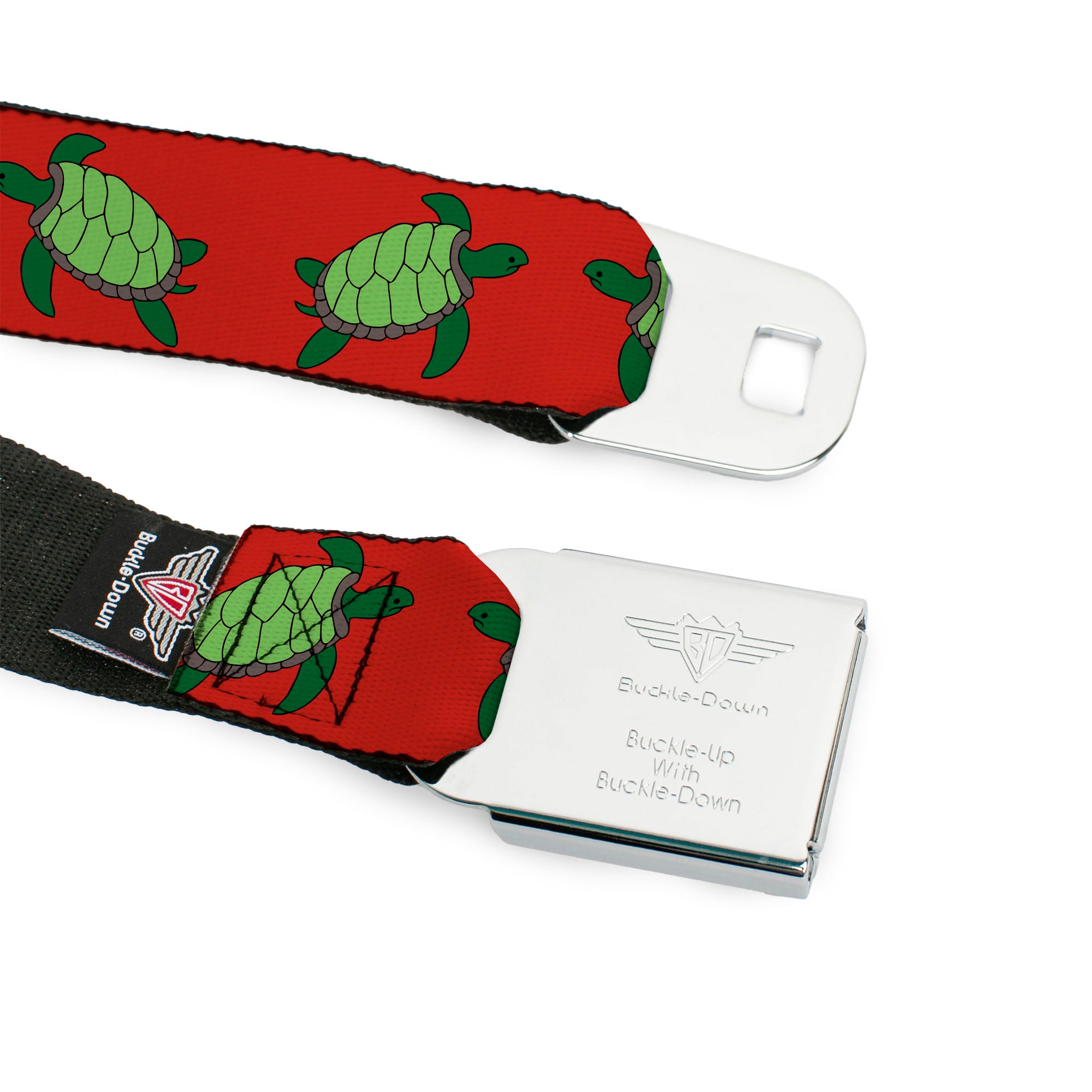 BD Wings Logo CLOSE-UP Full Color Black Silver Seatbelt Belt - Sea Turtles Red/Green Webbing Seatbelt Belts Buckle-Down