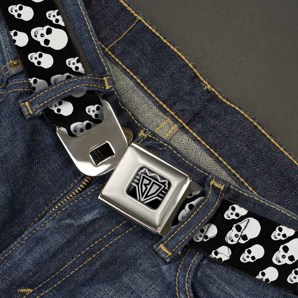 BD Wings Logo CLOSE-UP Full Color Black Silver Seatbelt Belt - Tilted Skulls Black/White Webbing Seatbelt Belts Buckle-Down
