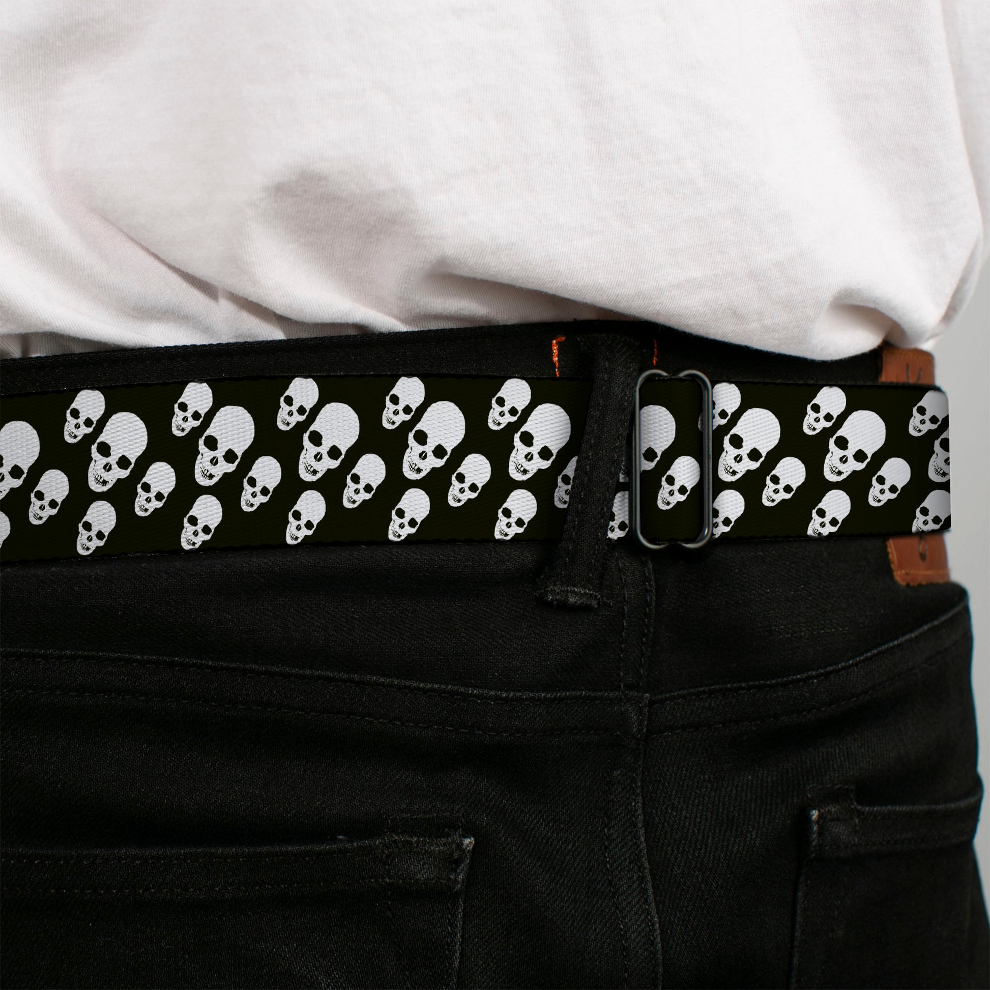 BD Wings Logo CLOSE-UP Full Color Black Silver Seatbelt Belt - Tilted Skulls Black/White Webbing Seatbelt Belts Buckle-Down