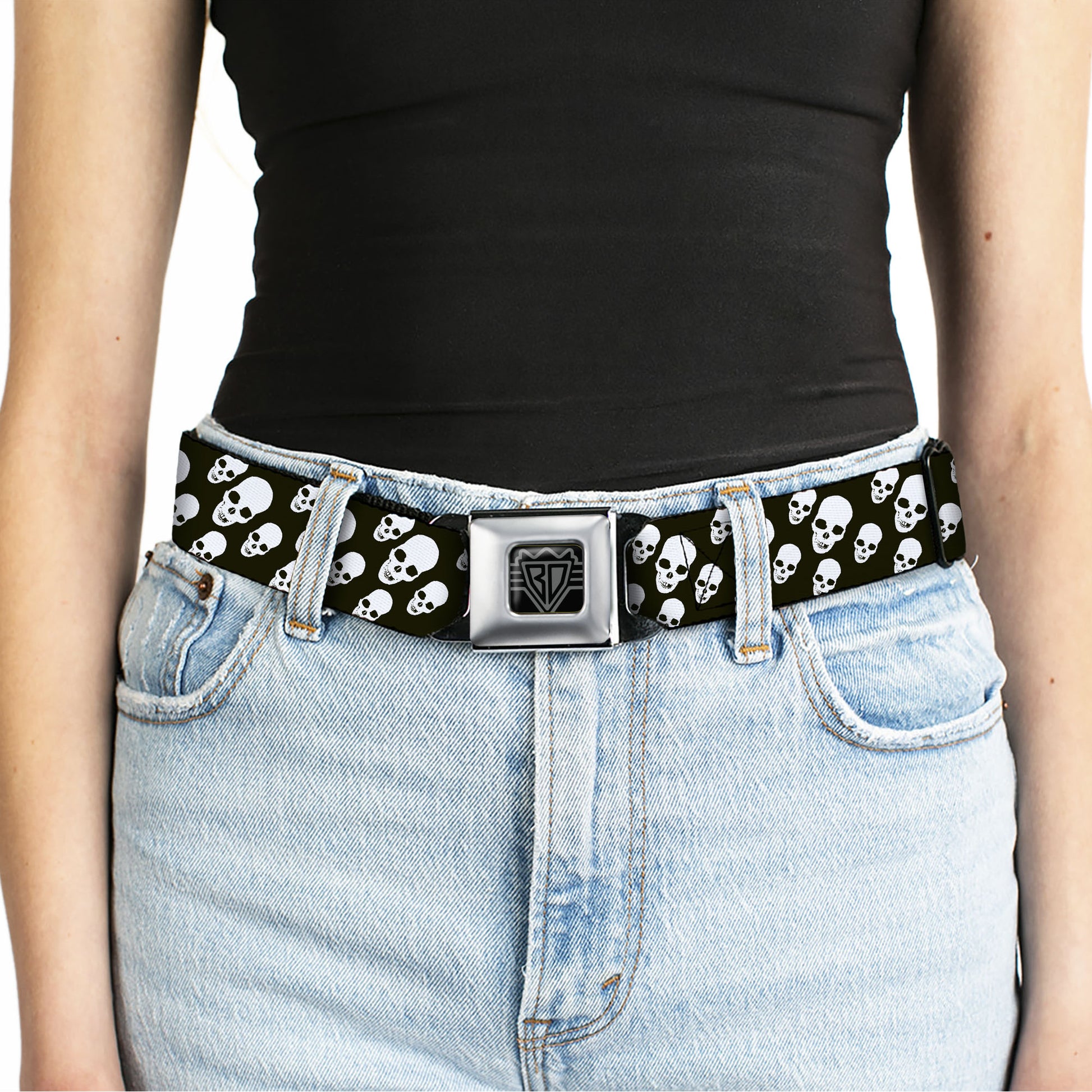 BD Wings Logo CLOSE-UP Full Color Black Silver Seatbelt Belt - Tilted Skulls Black/White Webbing Seatbelt Belts Buckle-Down