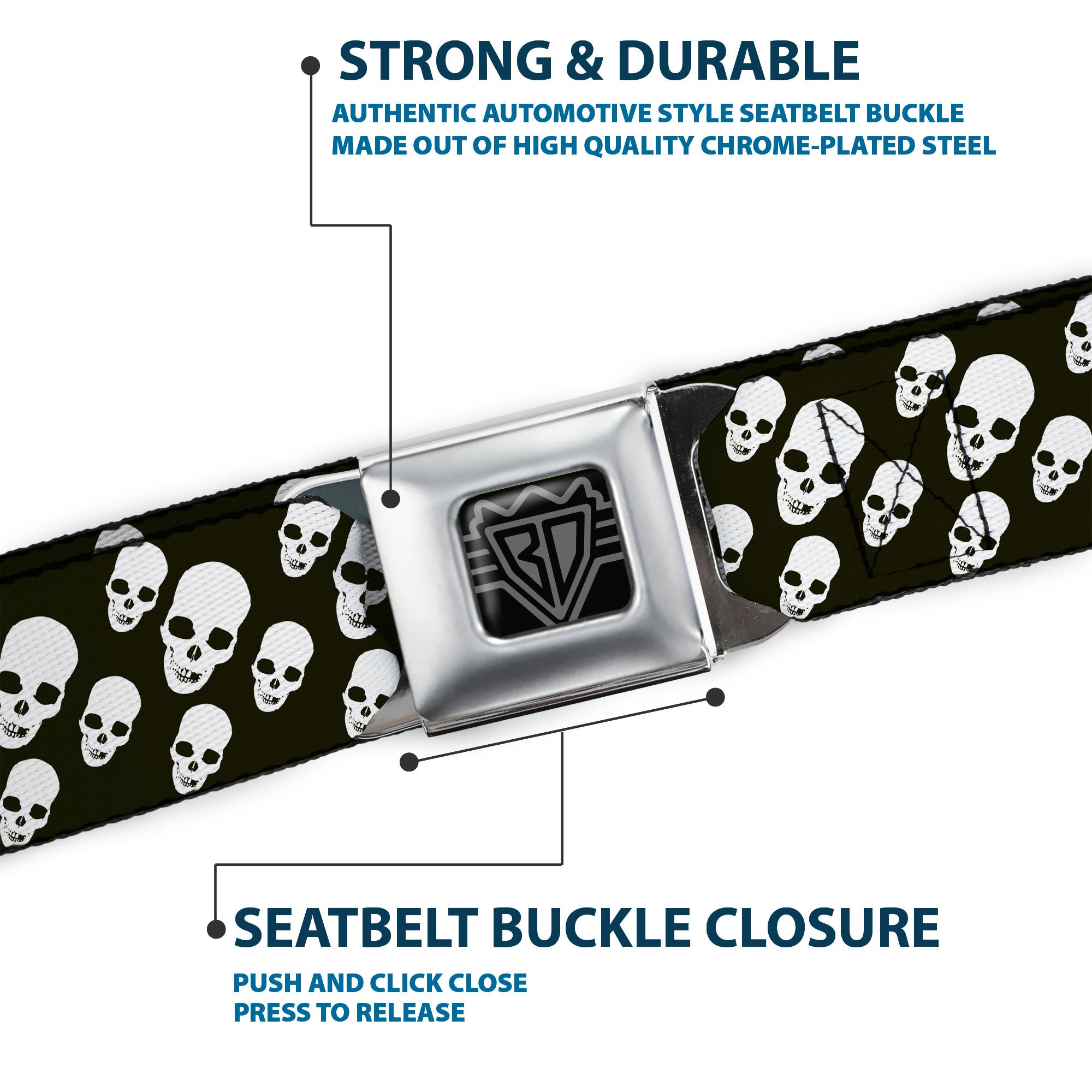 BD Wings Logo CLOSE-UP Full Color Black Silver Seatbelt Belt - Tilted Skulls Black/White Webbing Seatbelt Belts Buckle-Down