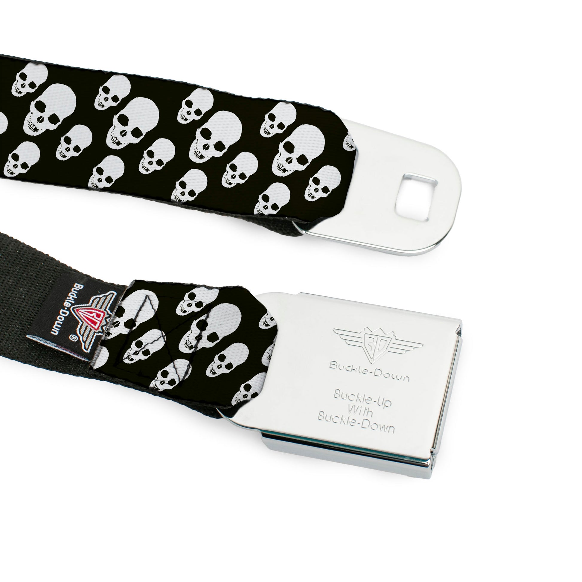 BD Wings Logo CLOSE-UP Full Color Black Silver Seatbelt Belt - Tilted Skulls Black/White Webbing Seatbelt Belts Buckle-Down