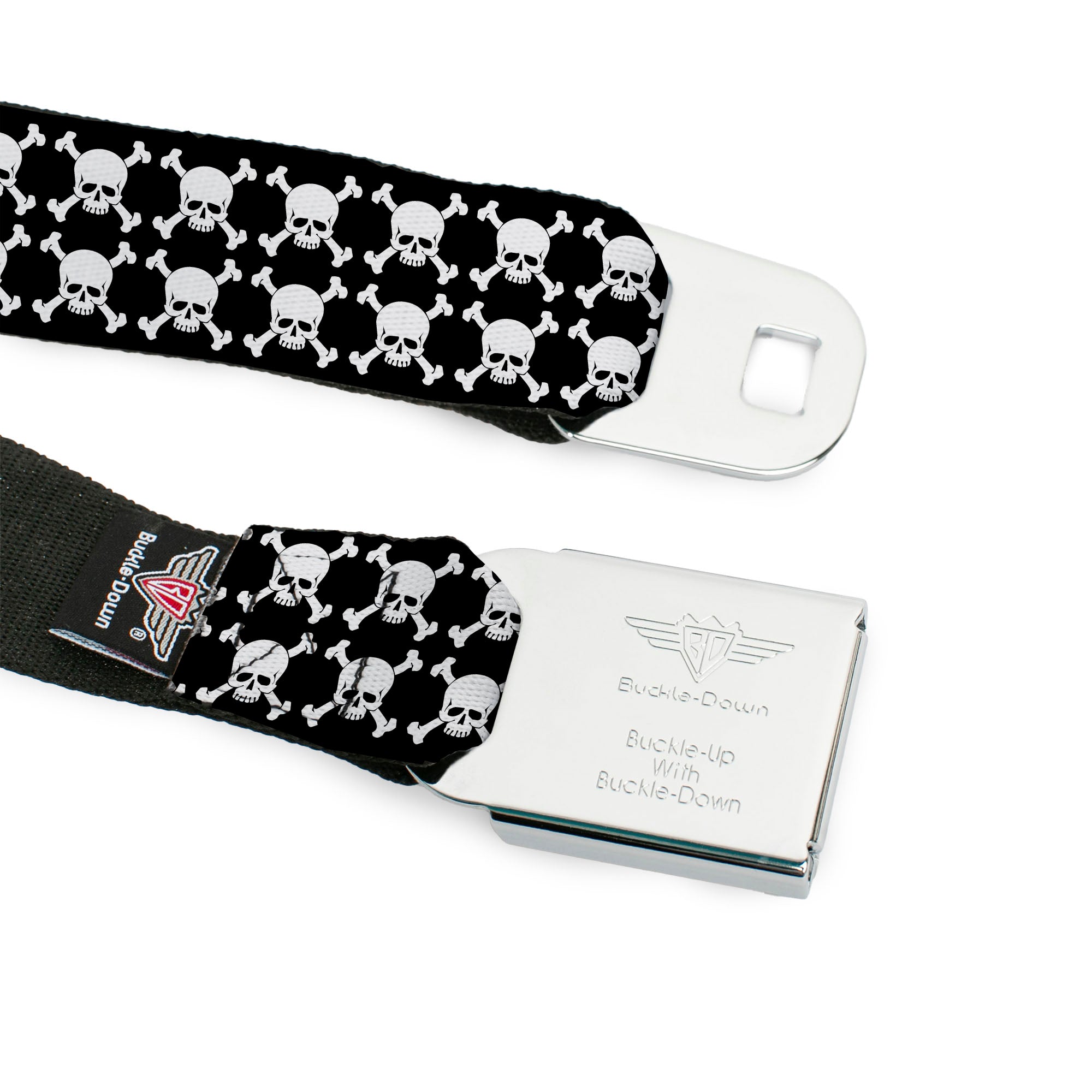BD Wings Logo CLOSE-UP Full Color Black Silver Seatbelt Belt - Top Skulls Black/White Webbing Seatbelt Belts Buckle-Down