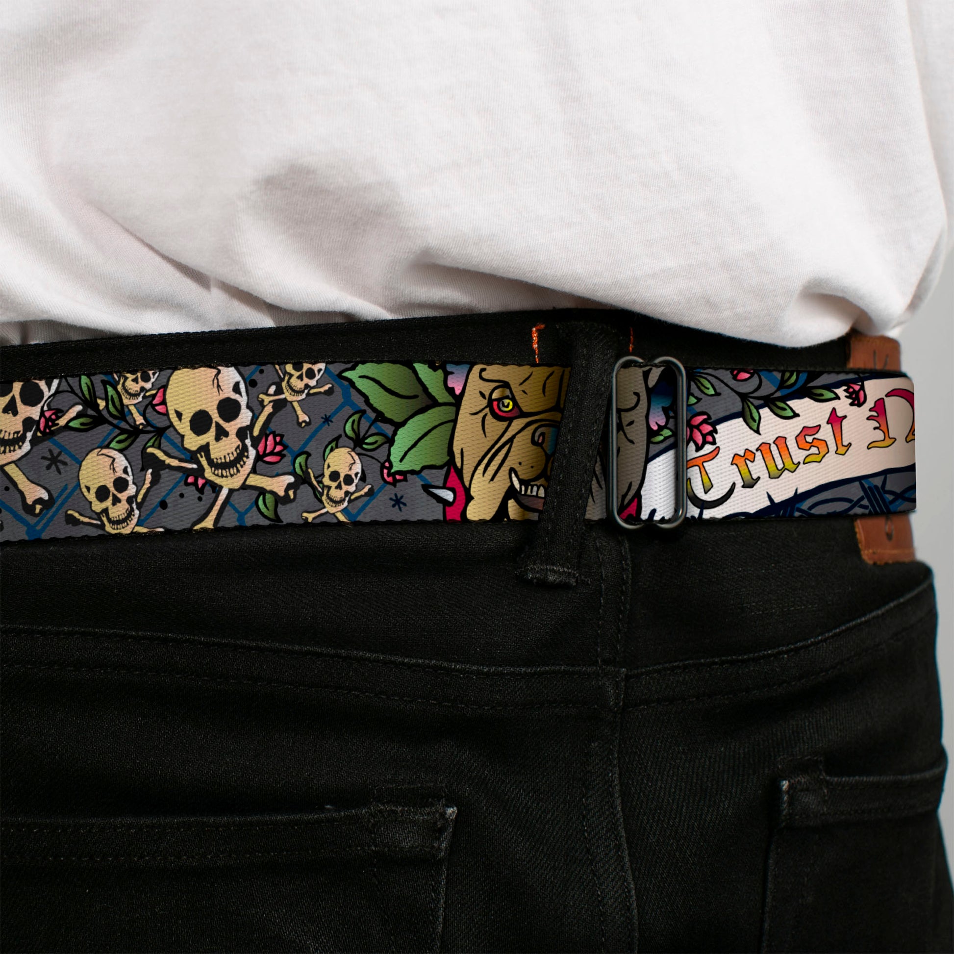 BD Wings Logo CLOSE-UP Full Color Black Silver Seatbelt Belt - Trust No One Gray Webbing Seatbelt Belts Buckle-Down