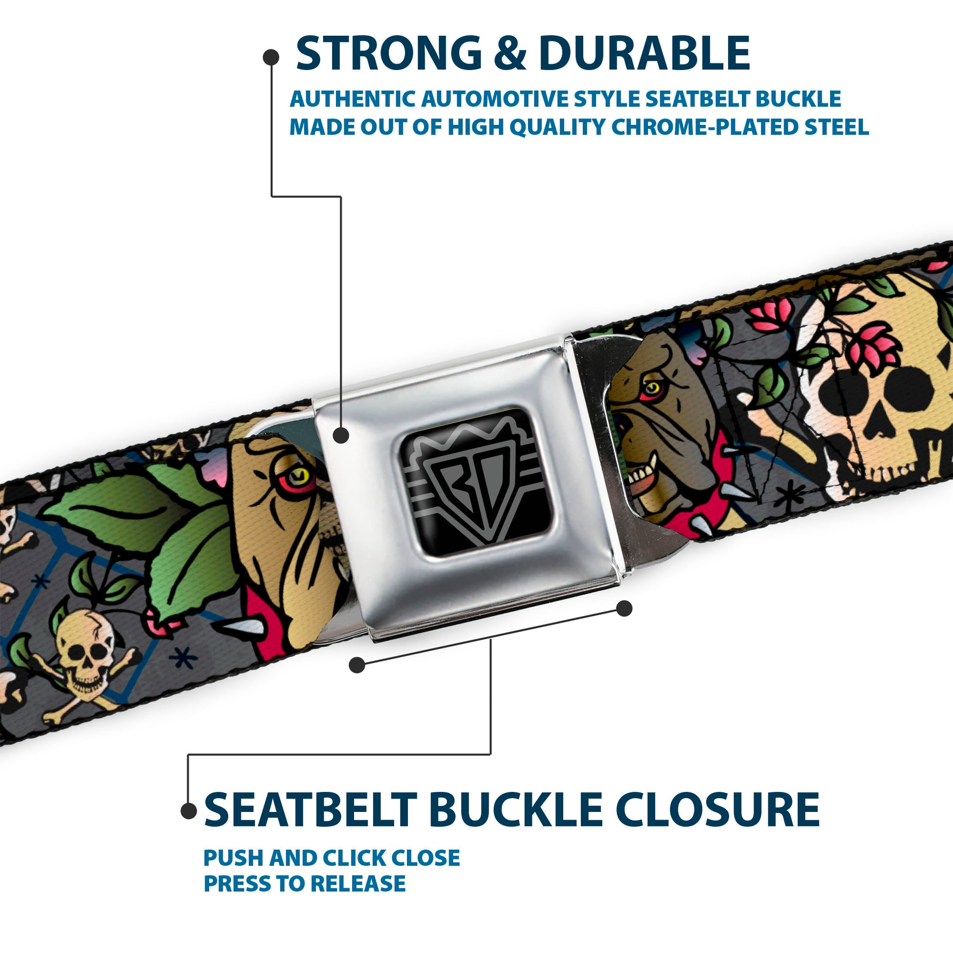 BD Wings Logo CLOSE-UP Full Color Black Silver Seatbelt Belt - Trust No One Gray Webbing Seatbelt Belts Buckle-Down