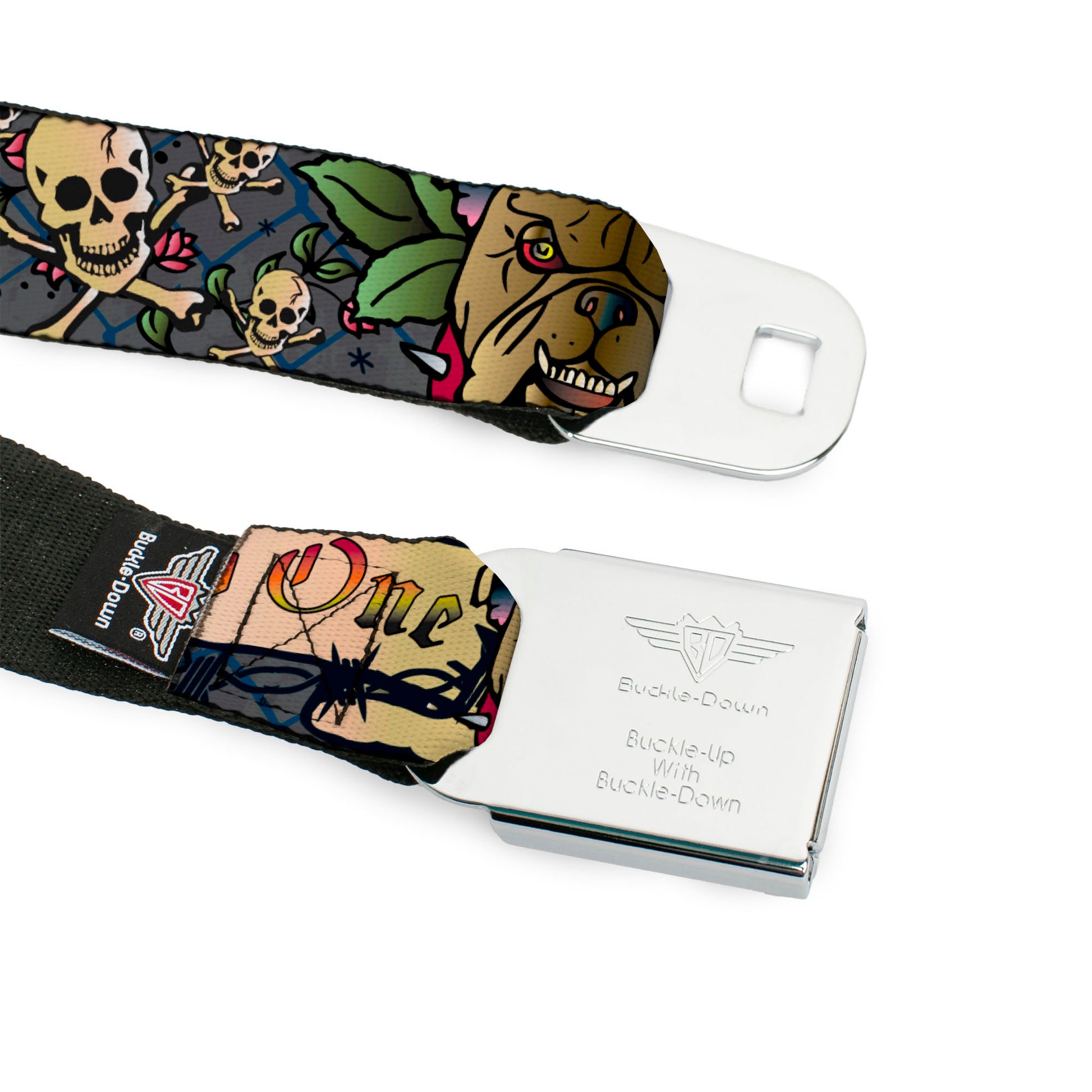 BD Wings Logo CLOSE-UP Full Color Black Silver Seatbelt Belt - Trust No One Gray Webbing Seatbelt Belts Buckle-Down