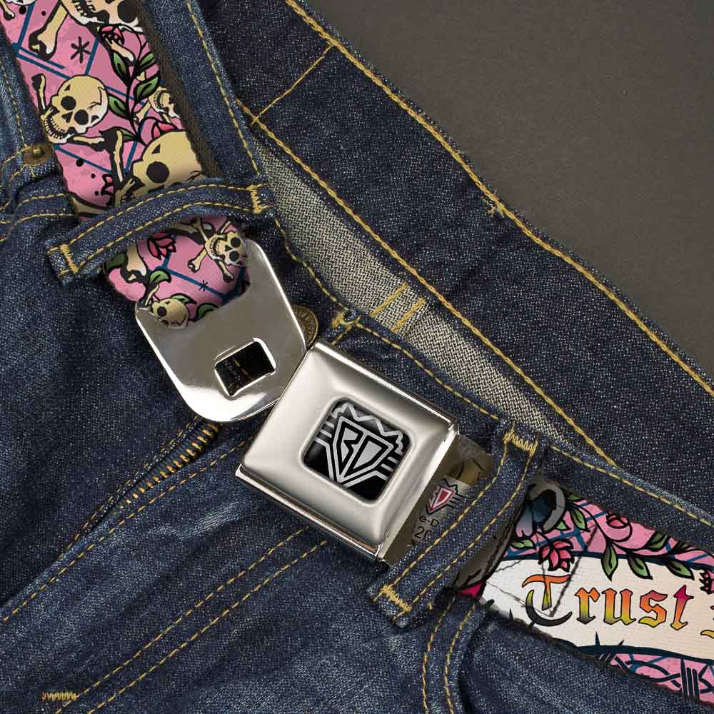 BD Wings Logo CLOSE-UP Full Color Black Silver Seatbelt Belt - Trust No One Pink Webbing Seatbelt Belts Buckle-Down