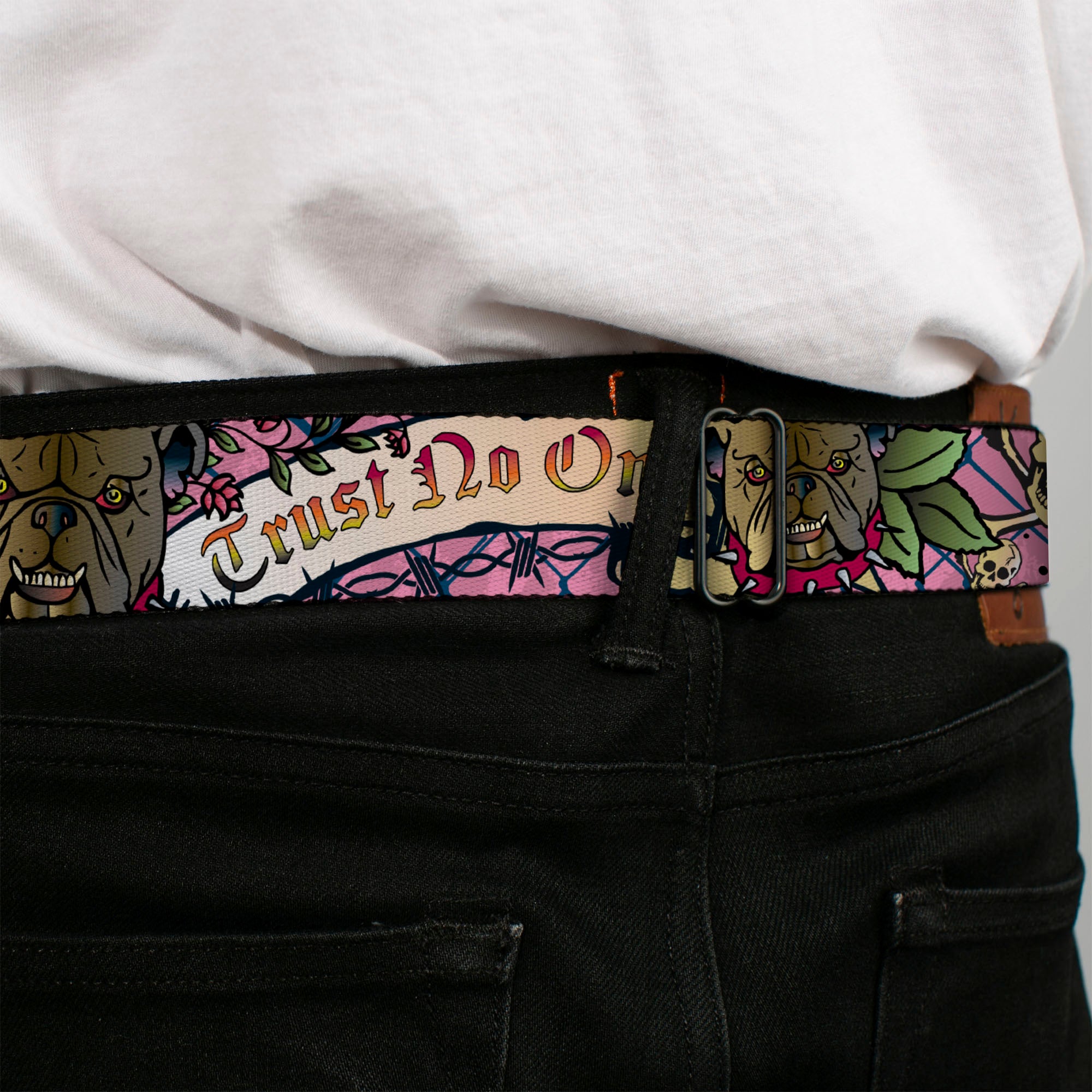 BD Wings Logo CLOSE-UP Full Color Black Silver Seatbelt Belt - Trust No One Pink Webbing Seatbelt Belts Buckle-Down