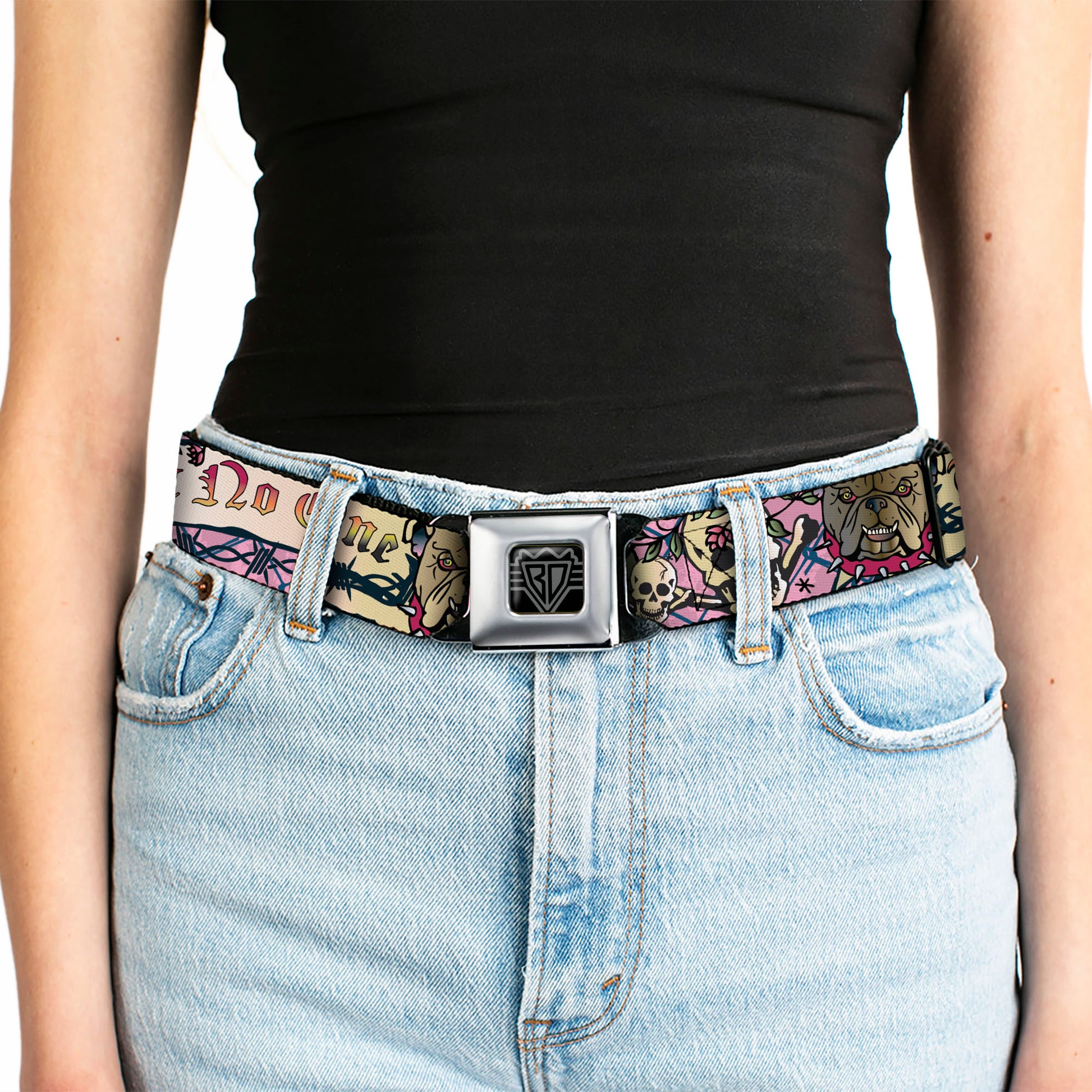 BD Wings Logo CLOSE-UP Full Color Black Silver Seatbelt Belt - Trust No One Pink Webbing Seatbelt Belts Buckle-Down