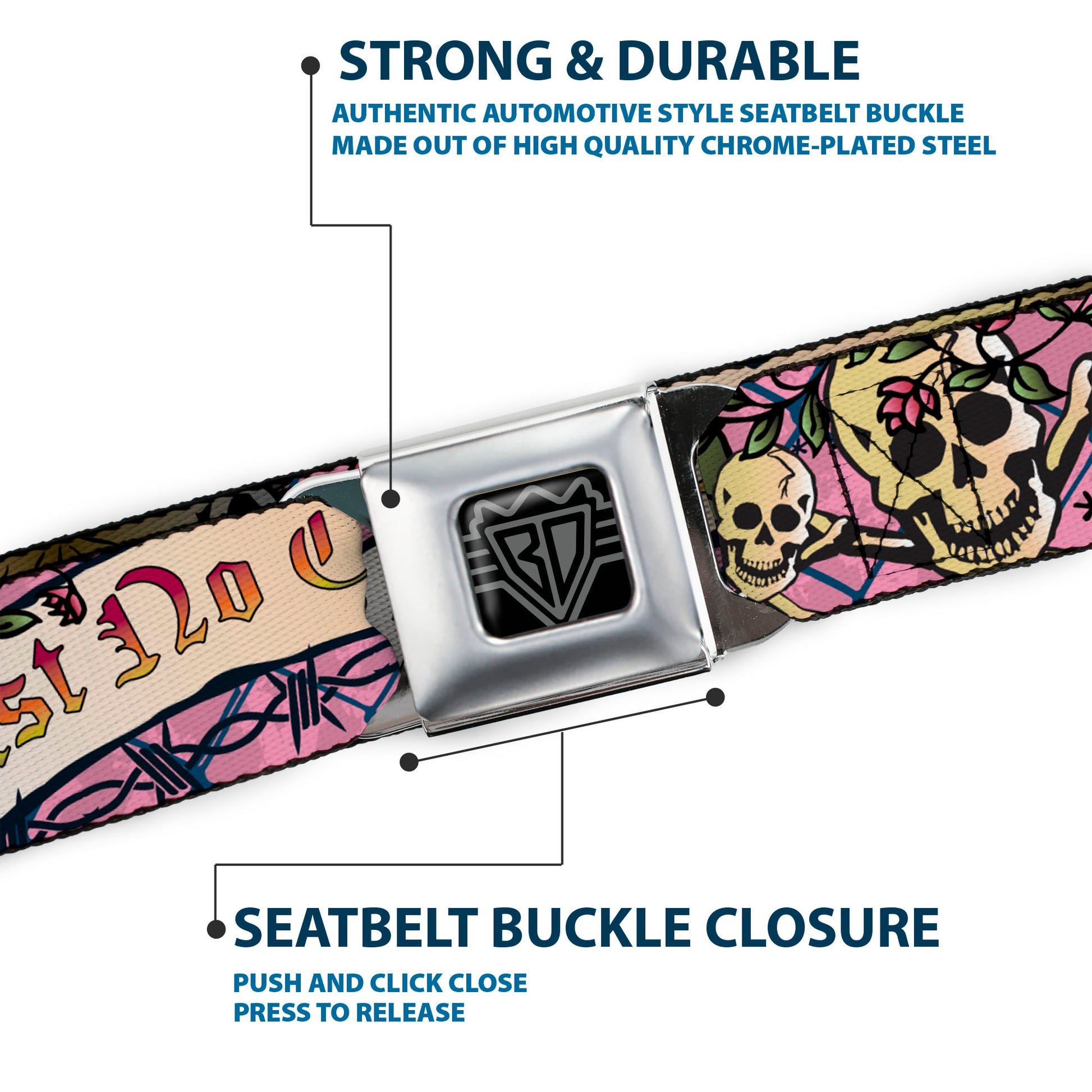 BD Wings Logo CLOSE-UP Full Color Black Silver Seatbelt Belt - Trust No One Pink Webbing Seatbelt Belts Buckle-Down