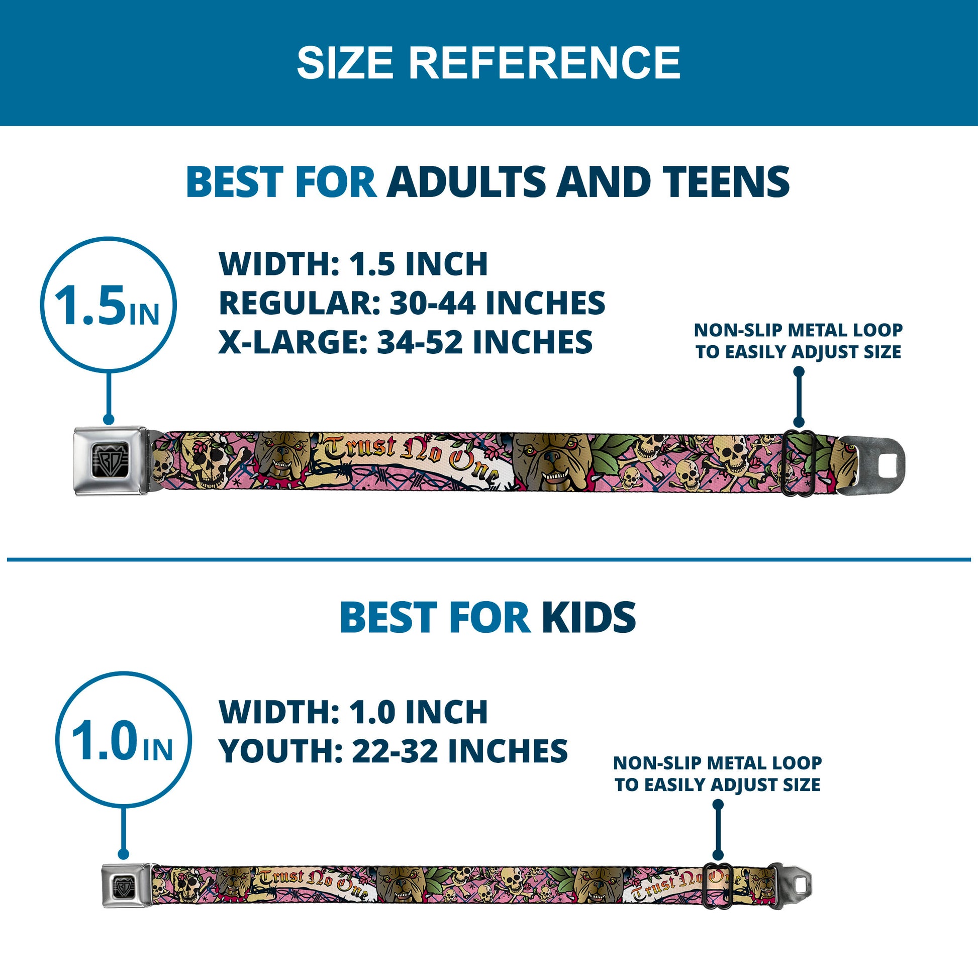 BD Wings Logo CLOSE-UP Full Color Black Silver Seatbelt Belt - Trust No One Pink Webbing Seatbelt Belts Buckle-Down