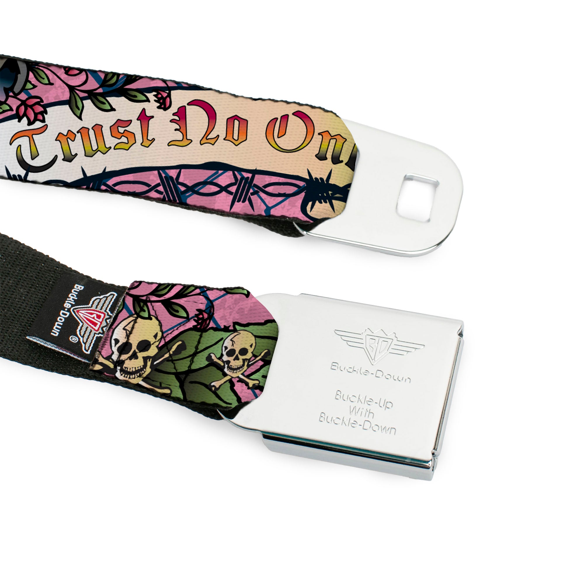 BD Wings Logo CLOSE-UP Full Color Black Silver Seatbelt Belt - Trust No One Pink Webbing Seatbelt Belts Buckle-Down