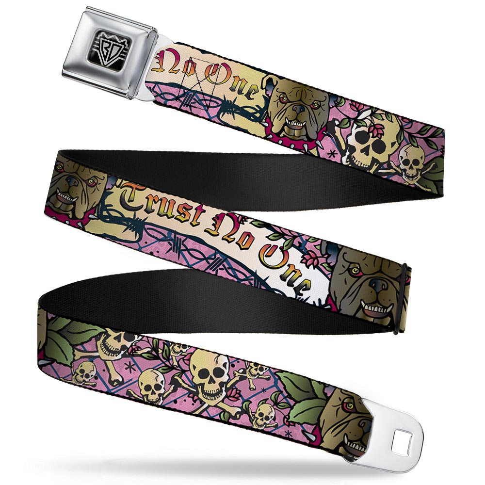 BD Wings Logo CLOSE-UP Full Color Black Silver Seatbelt Belt - Trust No One Pink Webbing Seatbelt Belts Buckle-Down