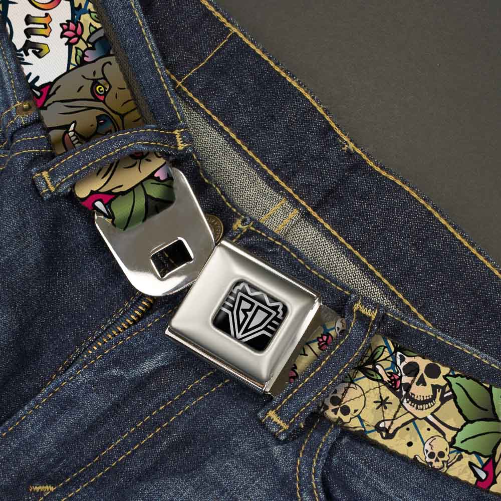 BD Wings Logo CLOSE-UP Full Color Black Silver Seatbelt Belt - Trust No One Tan Webbing Seatbelt Belts Buckle-Down