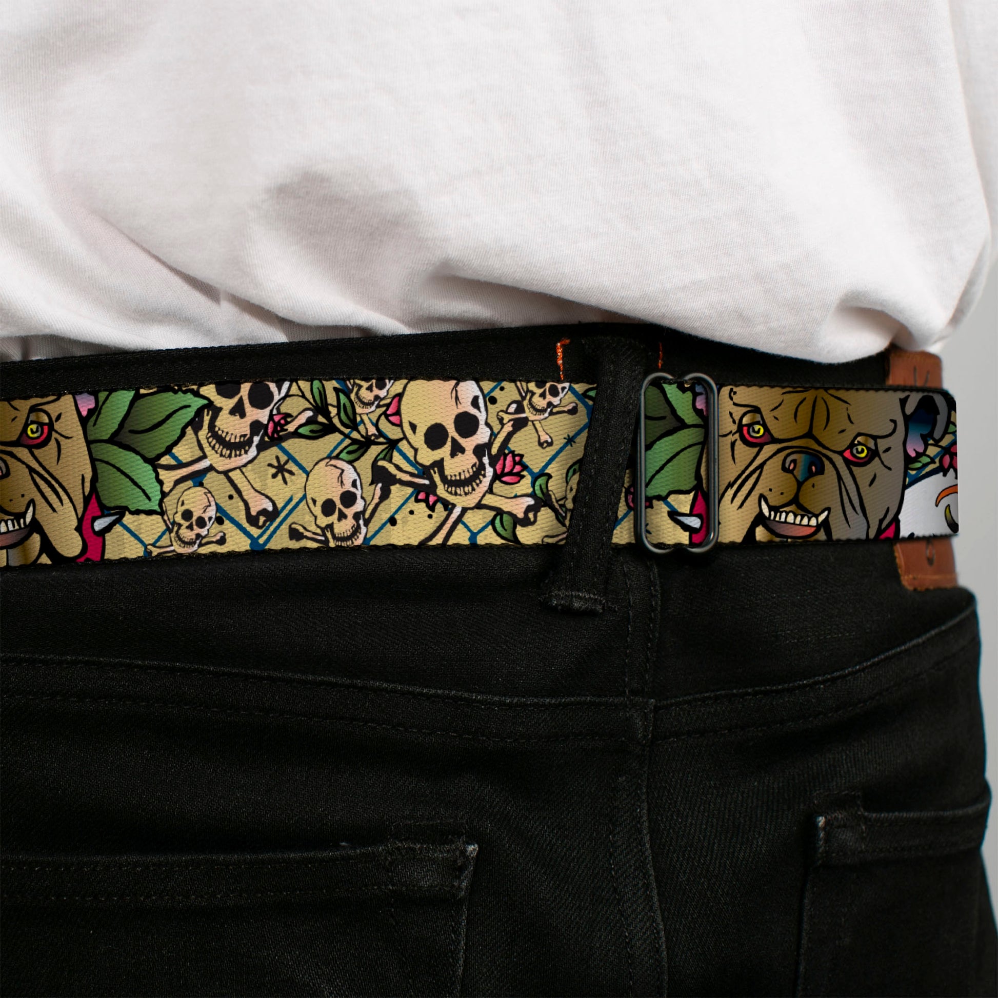 BD Wings Logo CLOSE-UP Full Color Black Silver Seatbelt Belt - Trust No One Tan Webbing Seatbelt Belts Buckle-Down