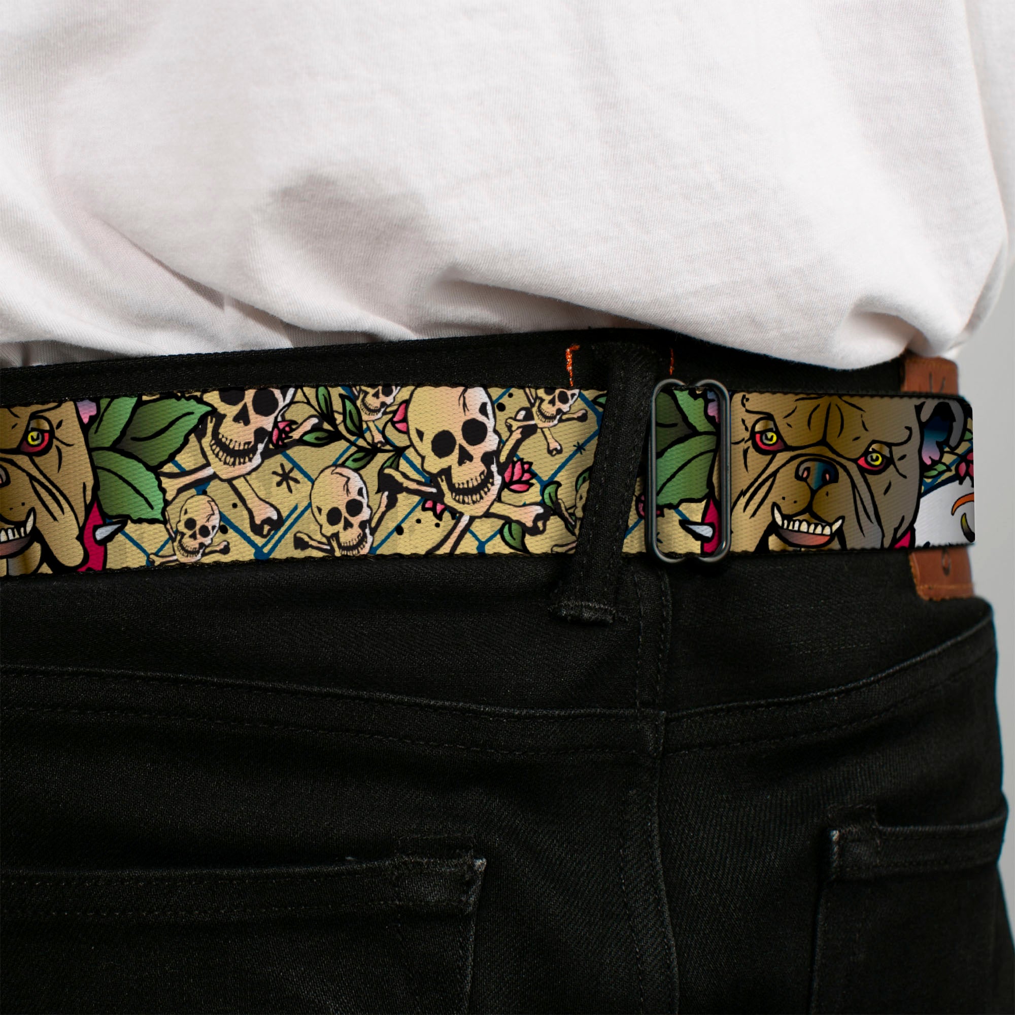 BD Wings Logo CLOSE-UP Full Color Black Silver Seatbelt Belt - Trust No One Tan Webbing Seatbelt Belts Buckle-Down