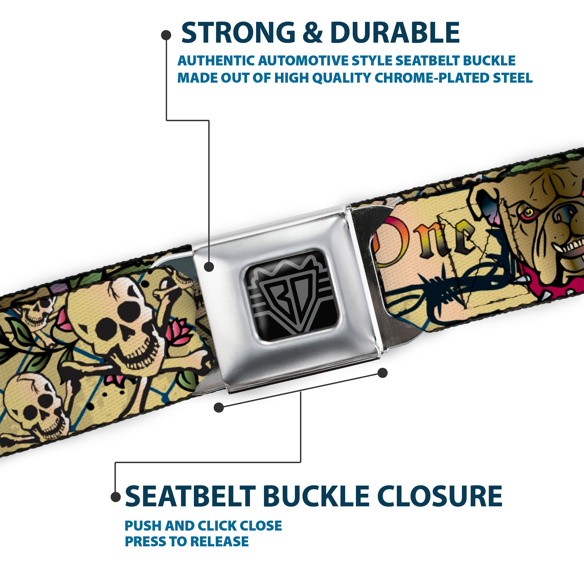 BD Wings Logo CLOSE-UP Full Color Black Silver Seatbelt Belt - Trust No One Tan Webbing Seatbelt Belts Buckle-Down