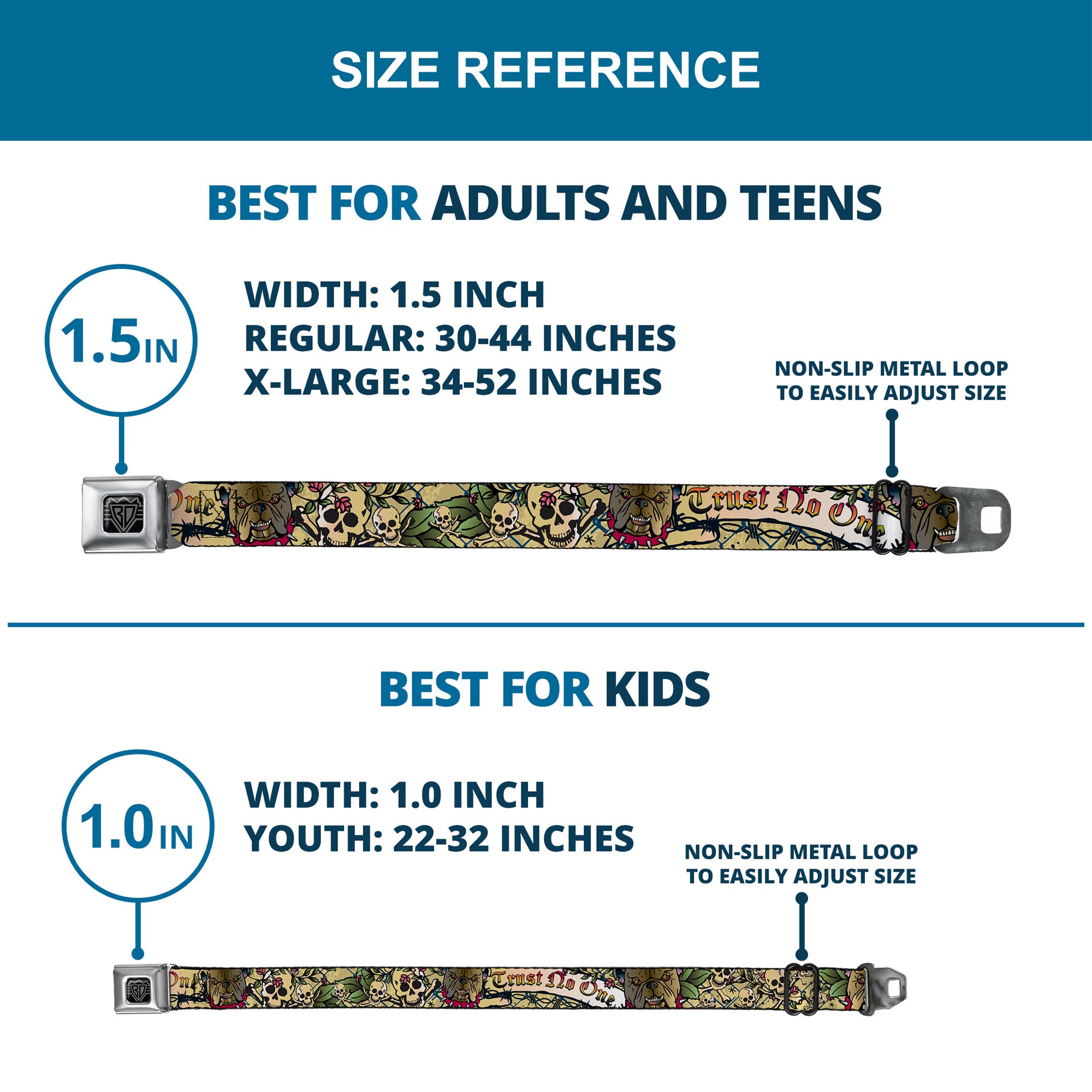 BD Wings Logo CLOSE-UP Full Color Black Silver Seatbelt Belt - Trust No One Tan Webbing Seatbelt Belts Buckle-Down