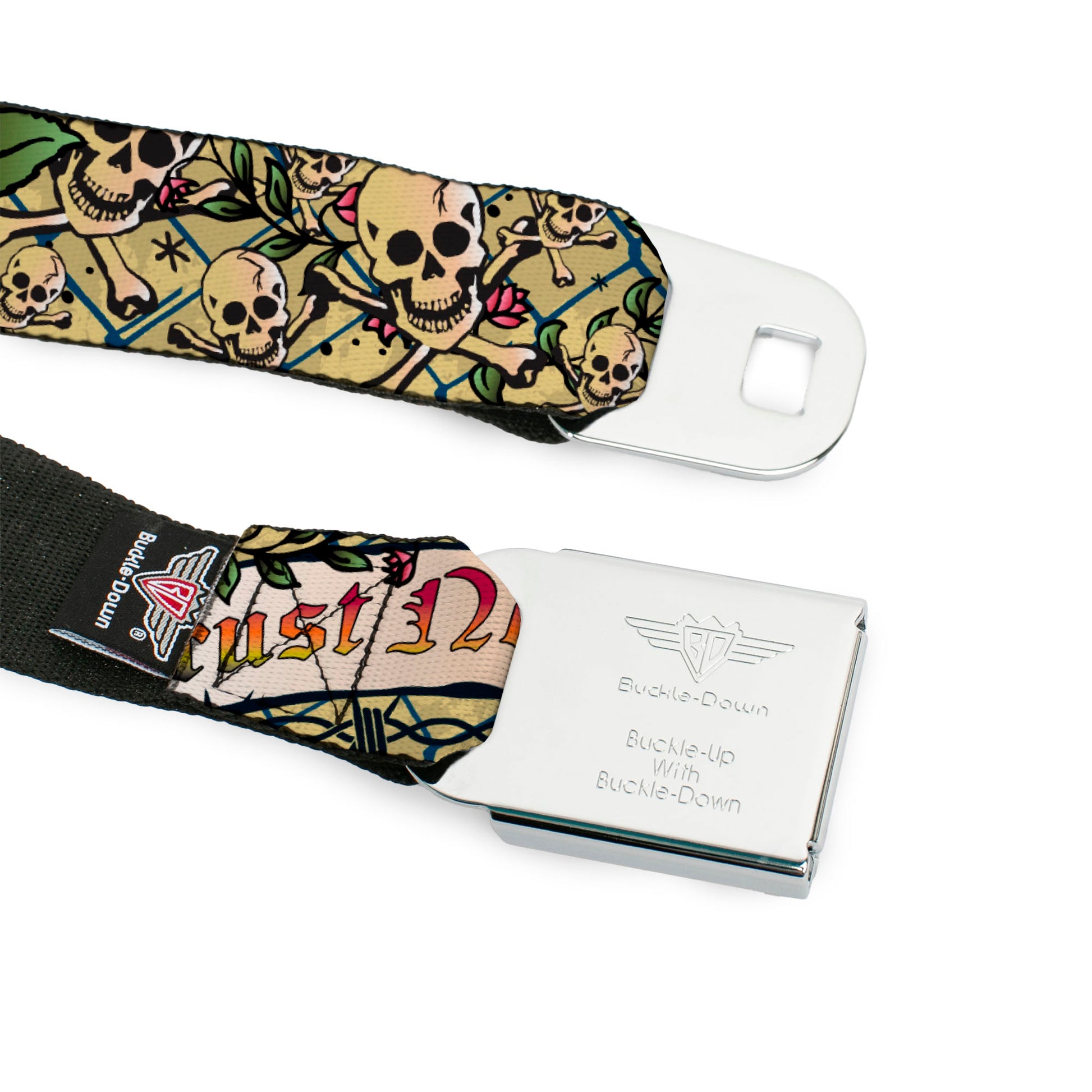 BD Wings Logo CLOSE-UP Full Color Black Silver Seatbelt Belt - Trust No One Tan Webbing Seatbelt Belts Buckle-Down