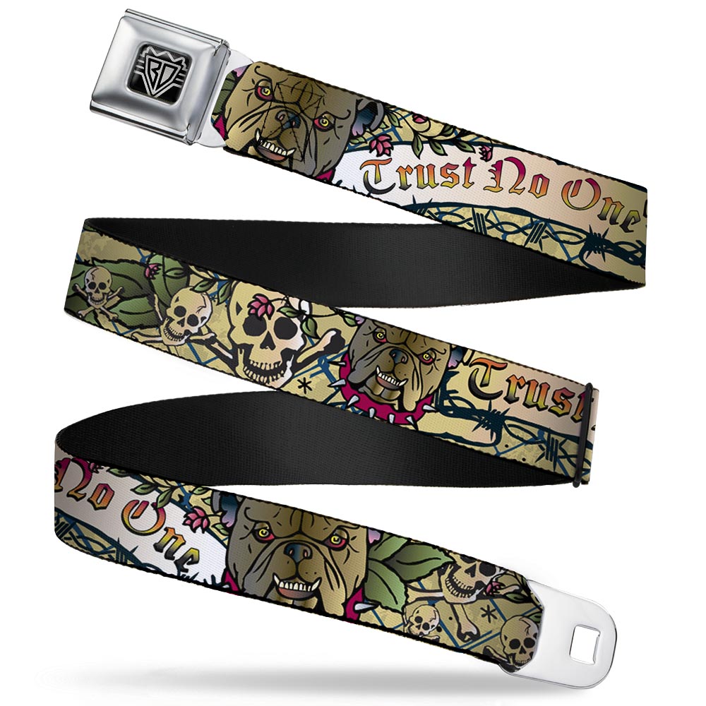 BD Wings Logo CLOSE-UP Full Color Black Silver Seatbelt Belt - Trust No One Tan Webbing Seatbelt Belts Buckle-Down