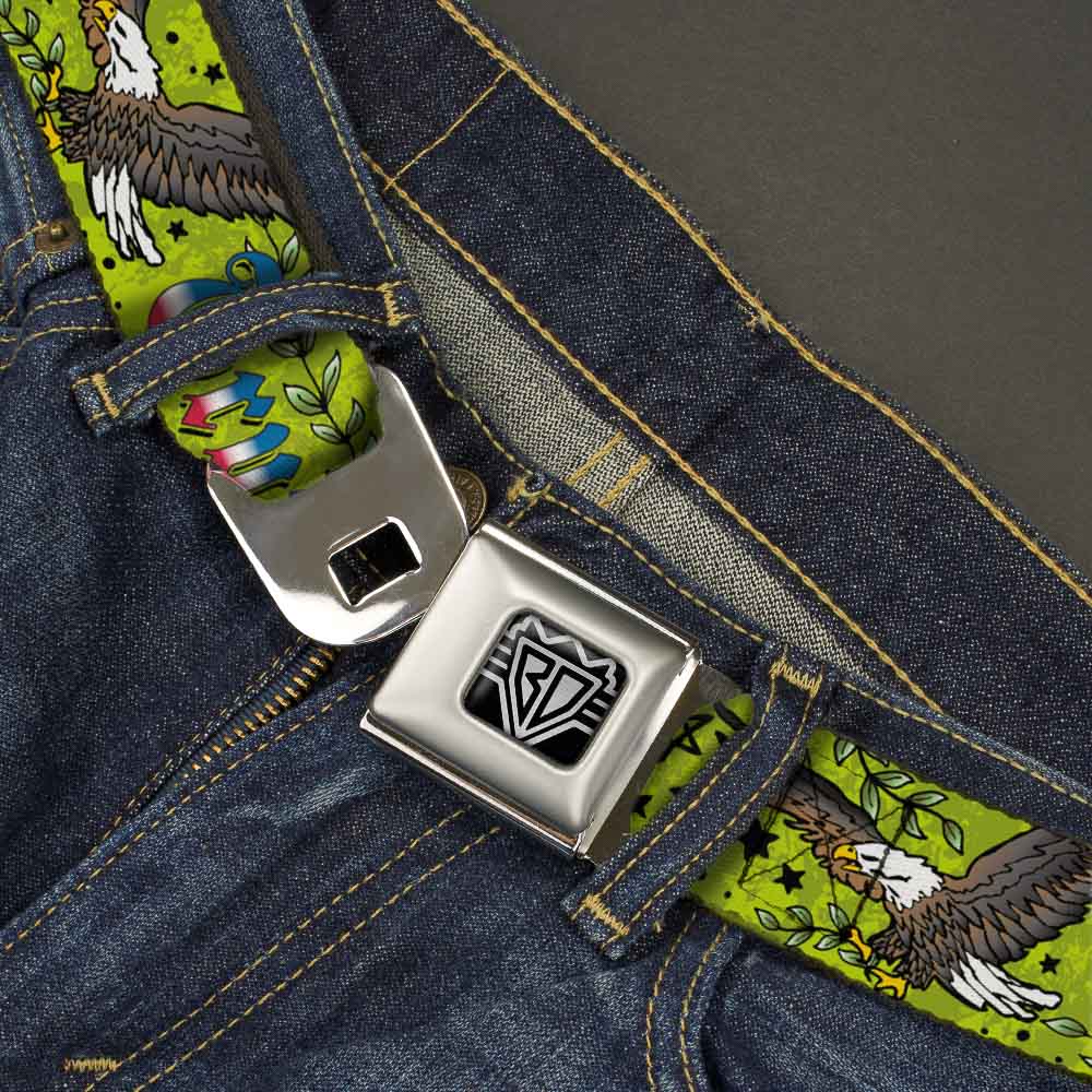 BD Wings Logo CLOSE-UP Full Color Black Silver Seatbelt Belt - Truth and Justice Green Webbing Seatbelt Belts Buckle-Down