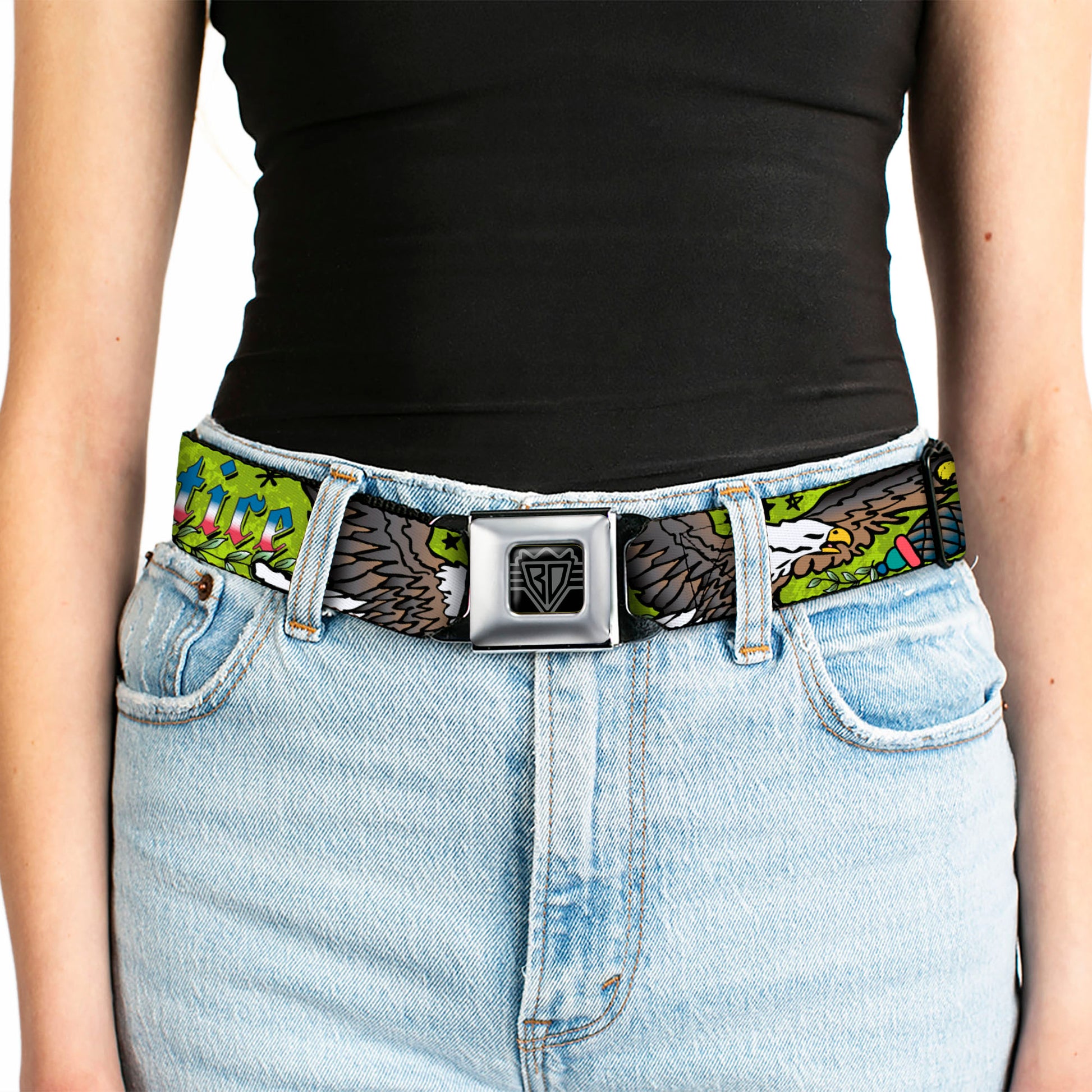 BD Wings Logo CLOSE-UP Full Color Black Silver Seatbelt Belt - Truth and Justice Green Webbing Seatbelt Belts Buckle-Down