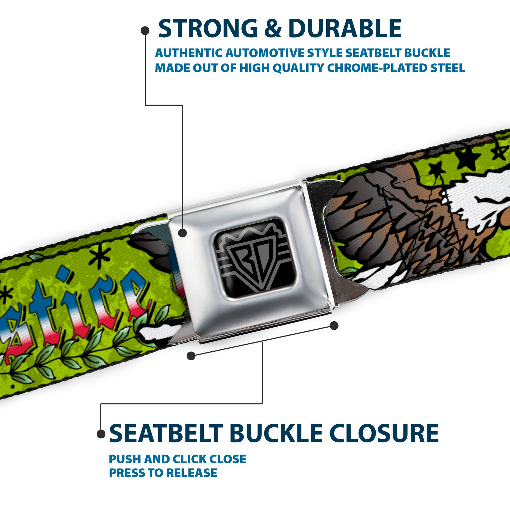 BD Wings Logo CLOSE-UP Full Color Black Silver Seatbelt Belt - Truth and Justice Green Webbing Seatbelt Belts Buckle-Down