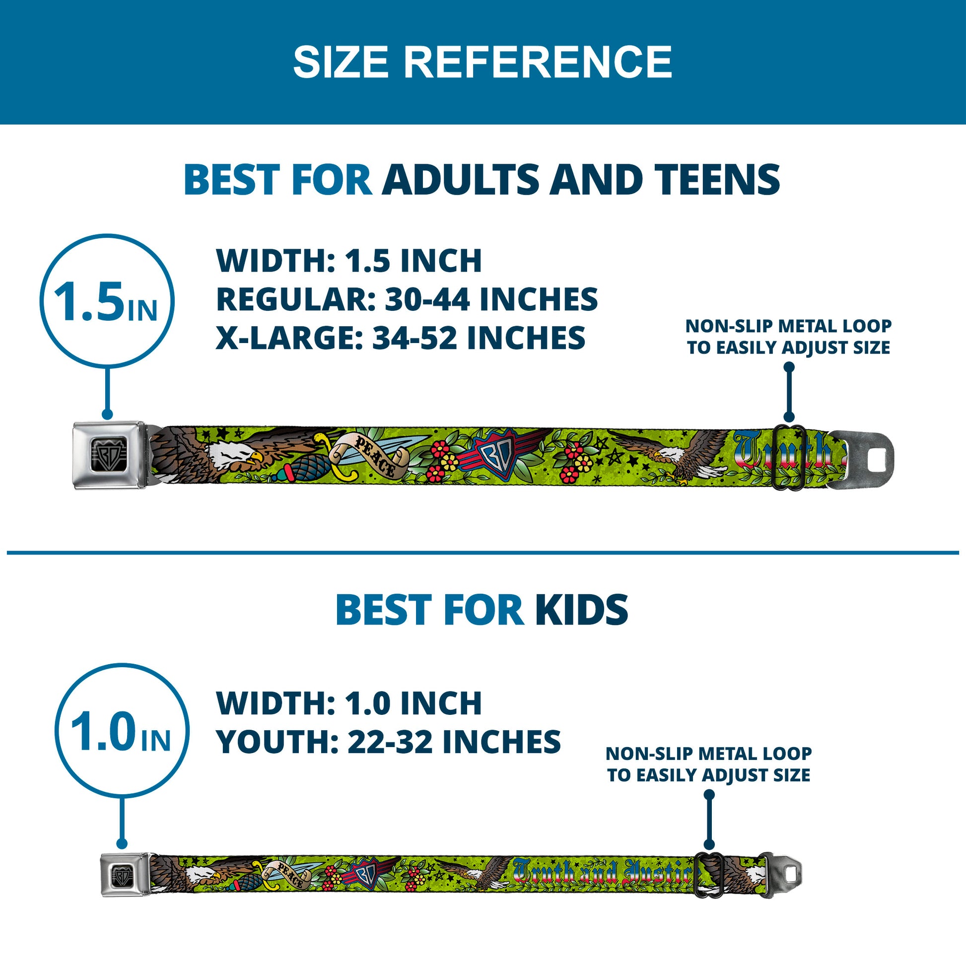 BD Wings Logo CLOSE-UP Full Color Black Silver Seatbelt Belt - Truth and Justice Green Webbing Seatbelt Belts Buckle-Down