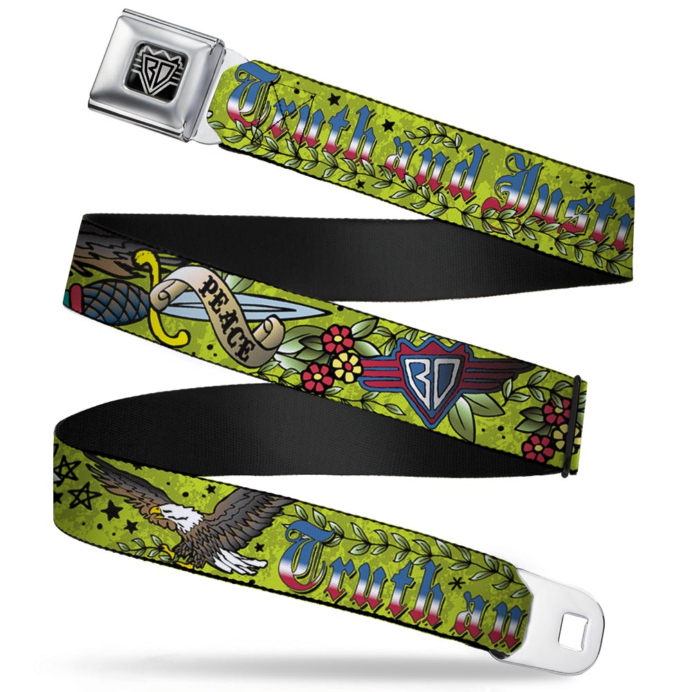 BD Wings Logo CLOSE-UP Full Color Black Silver Seatbelt Belt - Truth and Justice Green Webbing Seatbelt Belts Buckle-Down