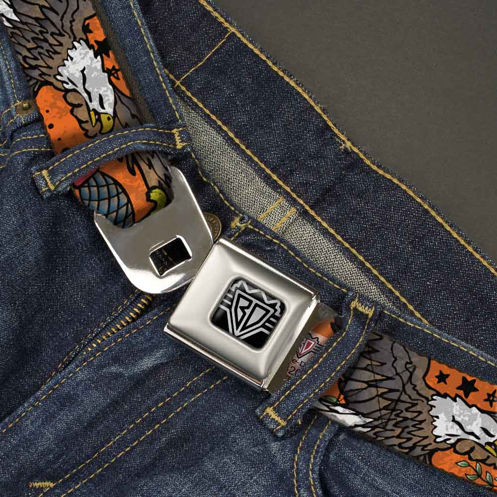 BD Wings Logo CLOSE-UP Full Color Black Silver Seatbelt Belt - Truth and Justice Orange Webbing Seatbelt Belts Buckle-Down