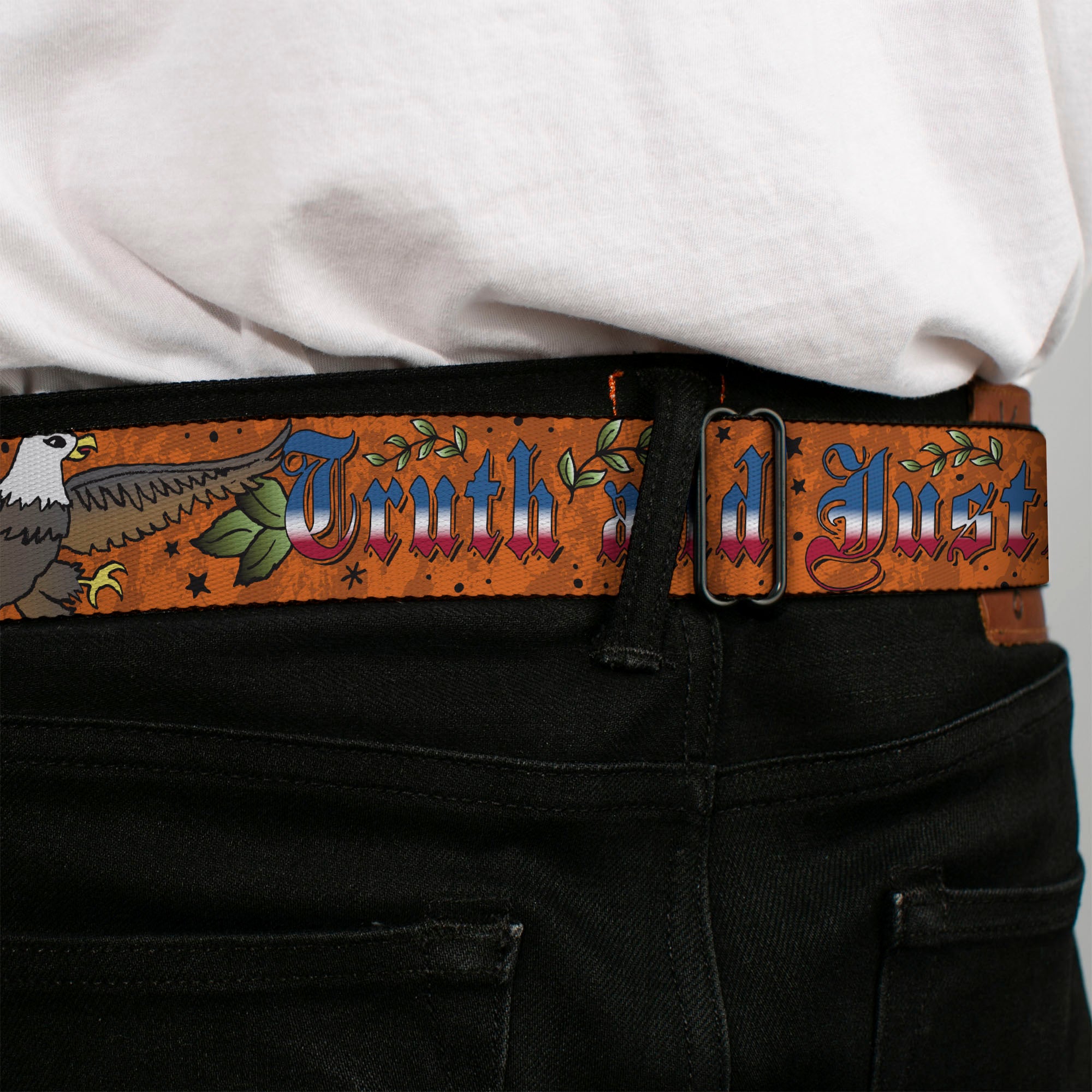 BD Wings Logo CLOSE-UP Full Color Black Silver Seatbelt Belt - Truth and Justice Orange Webbing Seatbelt Belts Buckle-Down