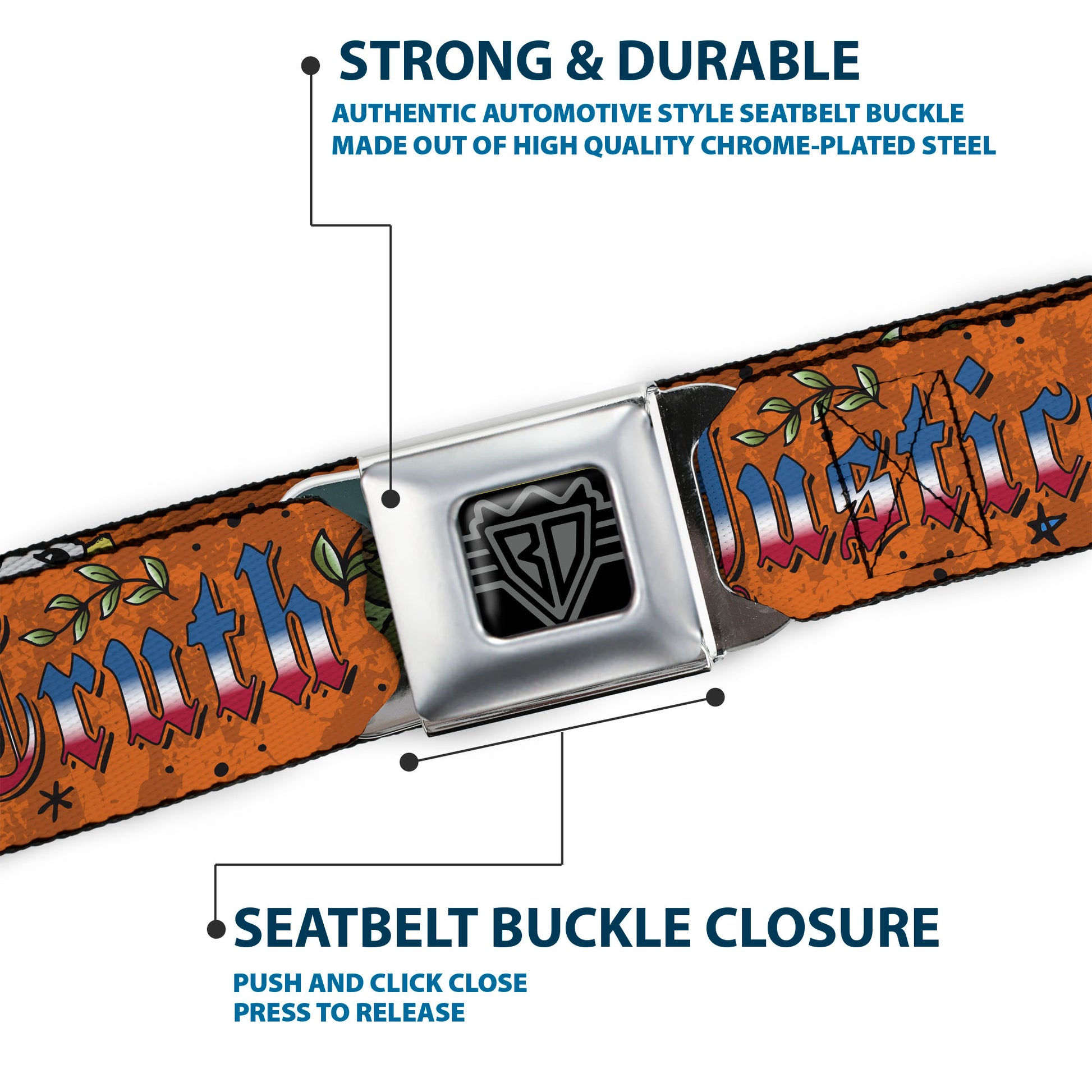BD Wings Logo CLOSE-UP Full Color Black Silver Seatbelt Belt - Truth and Justice Orange Webbing Seatbelt Belts Buckle-Down